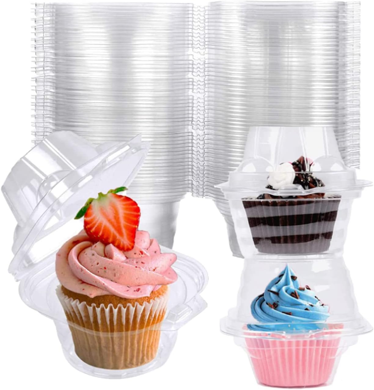 Paquete de 50 recipientes individuales para cupcakes y 100 bolsas de celofán autosellantes para regalar