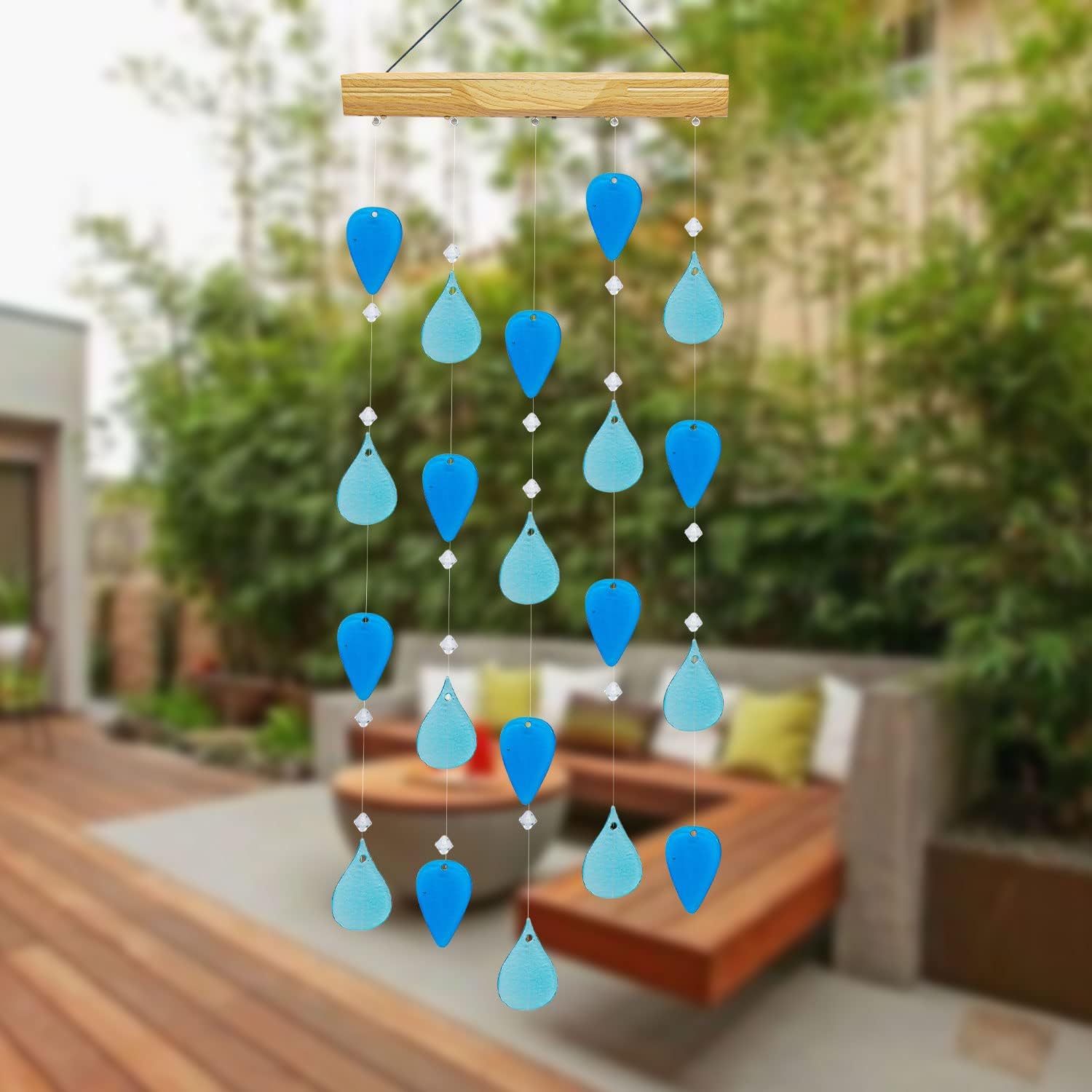 Topadorn Campanillas de viento decorativas con luz solar para el hogar, jardín y patio, decoración de campanillas de viento móviles de cristal azul