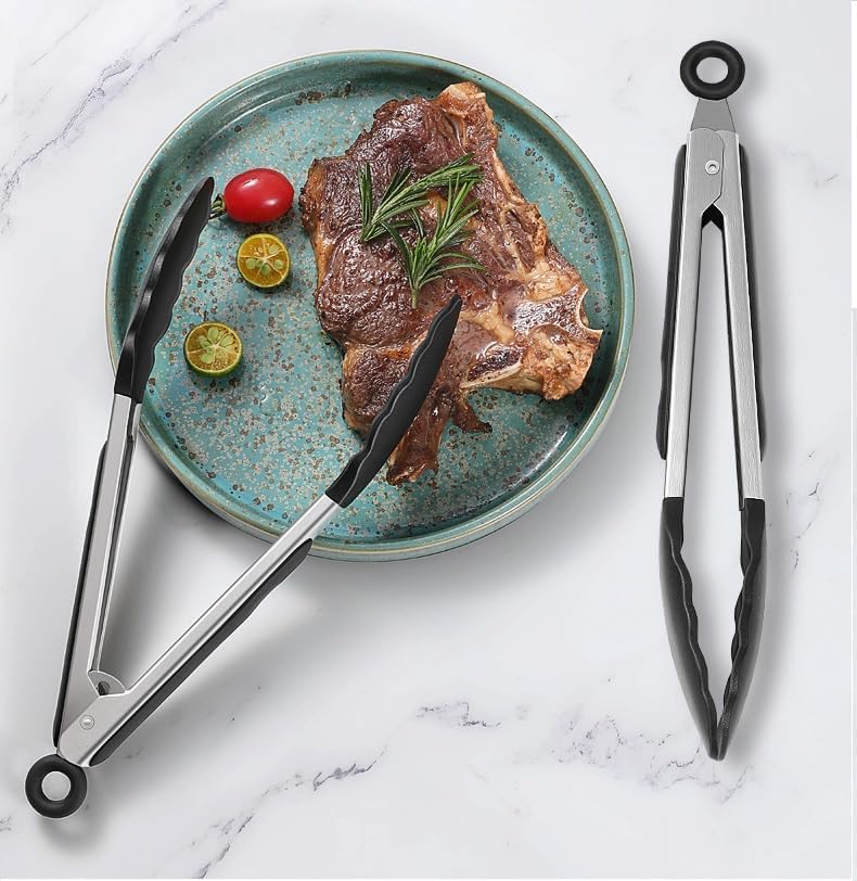 Pinzas de cocina para cocinar, pinzas de silicona con bloqueo, pinzas de buffet, pinzas de acero inoxidable para servir, pinzas de 7, 9 y 12