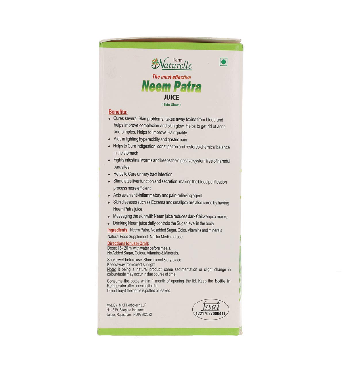 1 Neem Patra JugoRas+Miel Natural Natural Libre de Bosque Vale 49-,El Mejor Cuidado De La Piel 400 Ml & Limpieza De Sangre Jugo De Neem Patra Ras