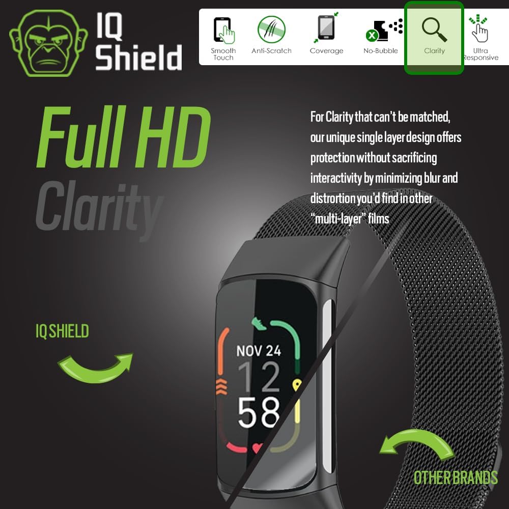 IQShield Protector de pantalla compatible con Fitbit Charge 6  Charge 5 (paquete de 6) película de TPU transparente antiburbujas