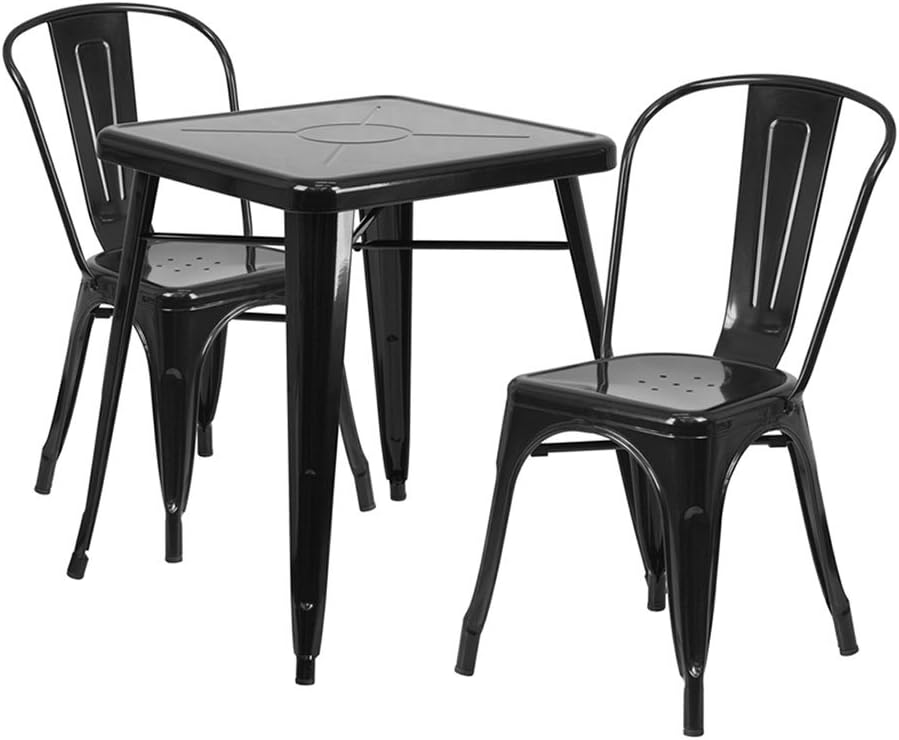 Flash Furniture Juego de mesa cuadrada de metal negro de grado comercial de 23.75 pulgadas para interiores y exteriores con 2 sillas apilables