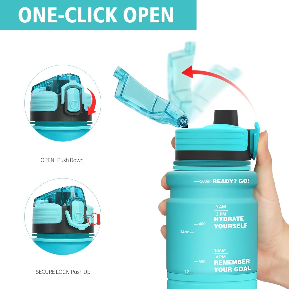 Botellas de agua con marcador de tiempo, botella de agua motivacional de 17 onzas, 32 onzas, a prueba de fugas y sin BPA, botella de agua deportiva