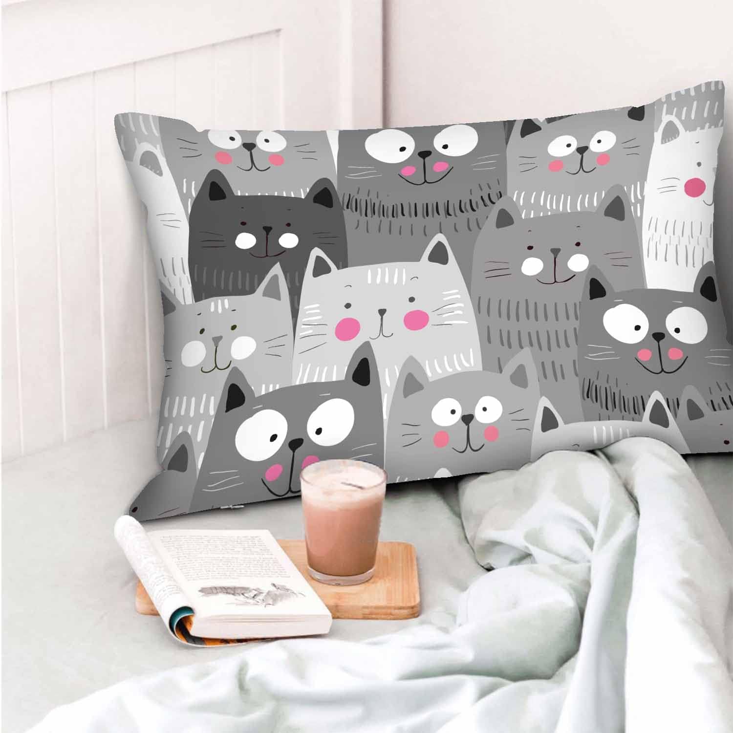 Funda de almohada blanca y gris con diseño de gatos de dibujos animados, funda de cojín lumbar para la cintura, sofá, rectangular, decorativa para