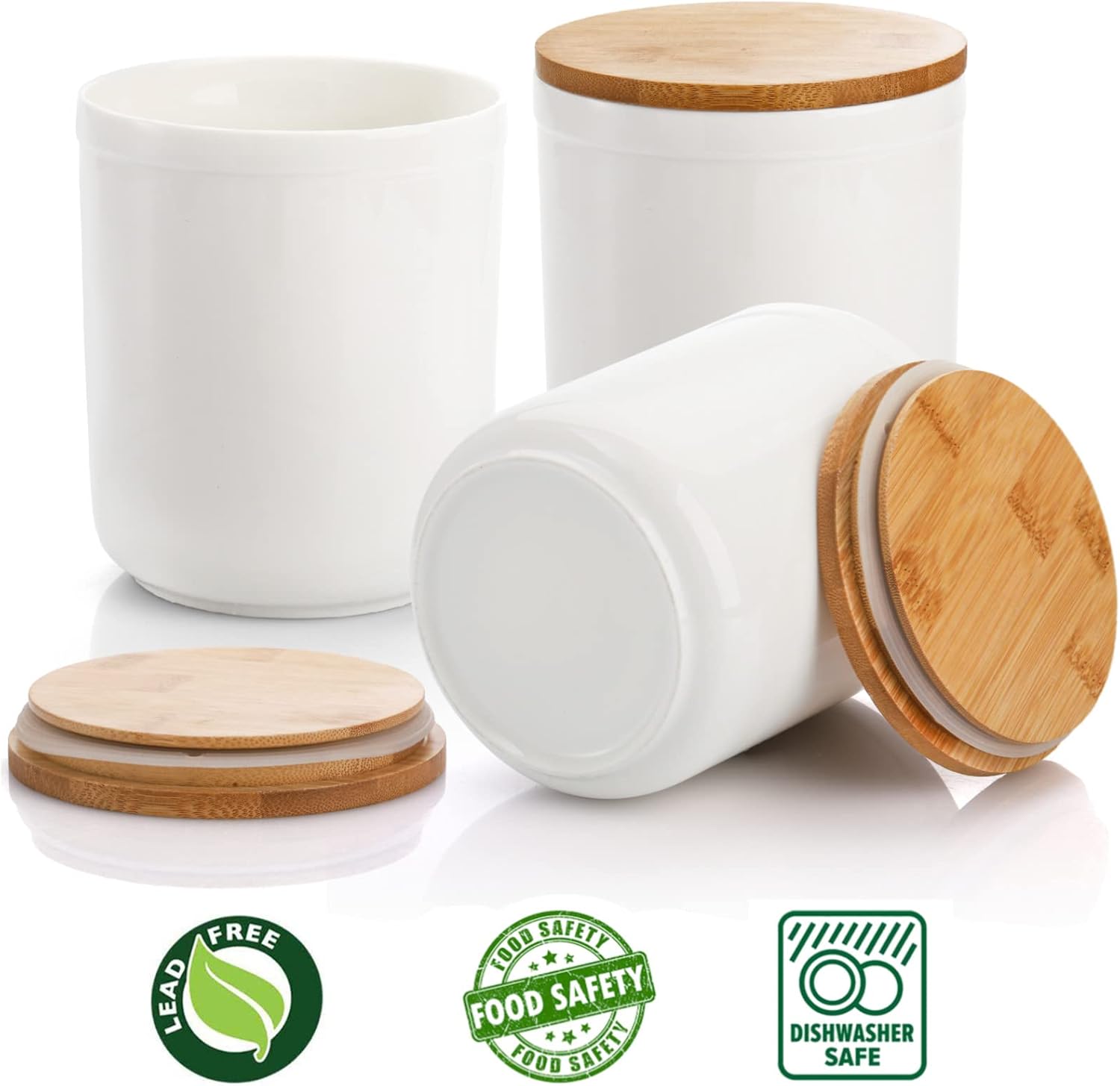 AVLA Paquete de 3 tarros de cerámica para almacenamiento de alimentos con tapas de bambú, recipientes de cocina blancos de 36 onzas líquidas para