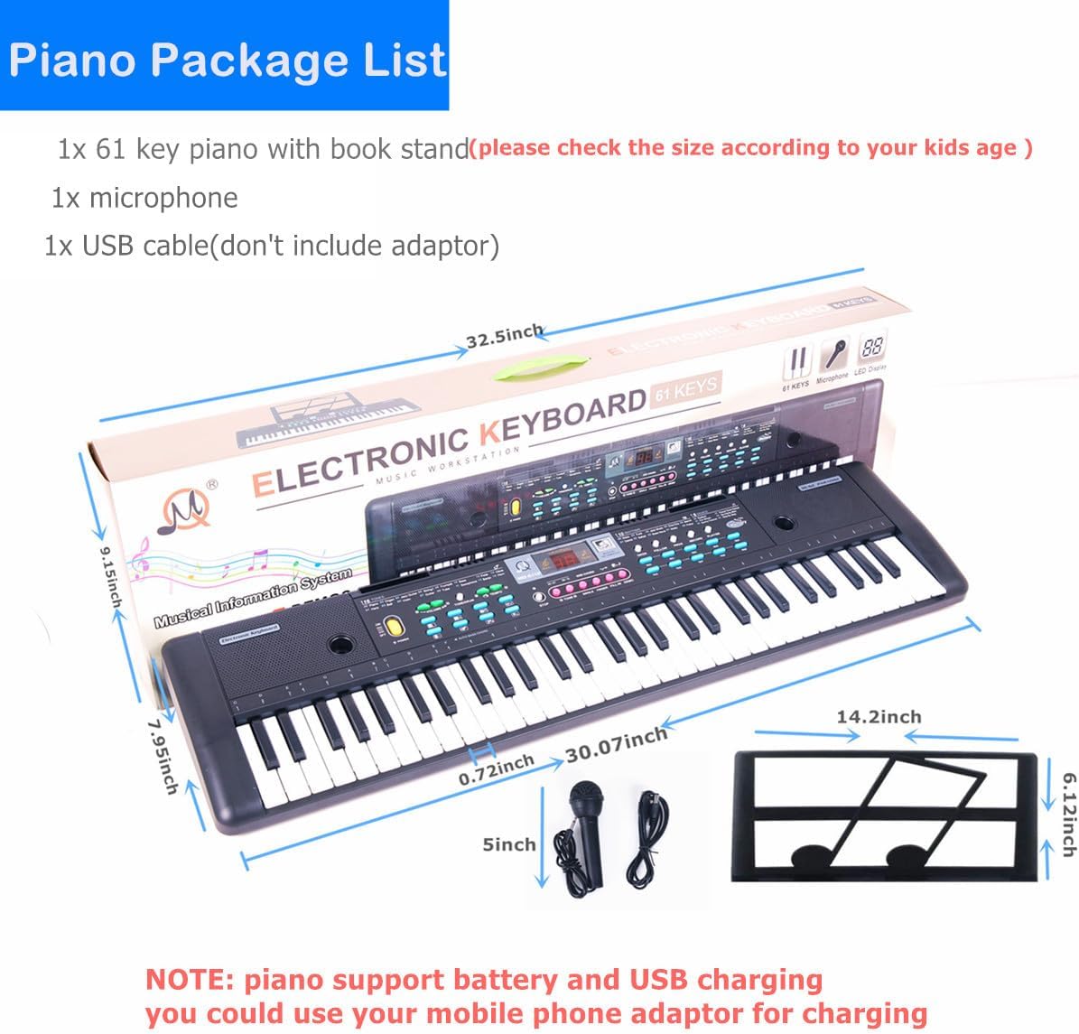 Teclado Piano Digital Eléctrico Teclado de Música Teclado Electrónico de 61 Teclas para Cumpleaños para Niños Principiantes con Soporte de Hoja