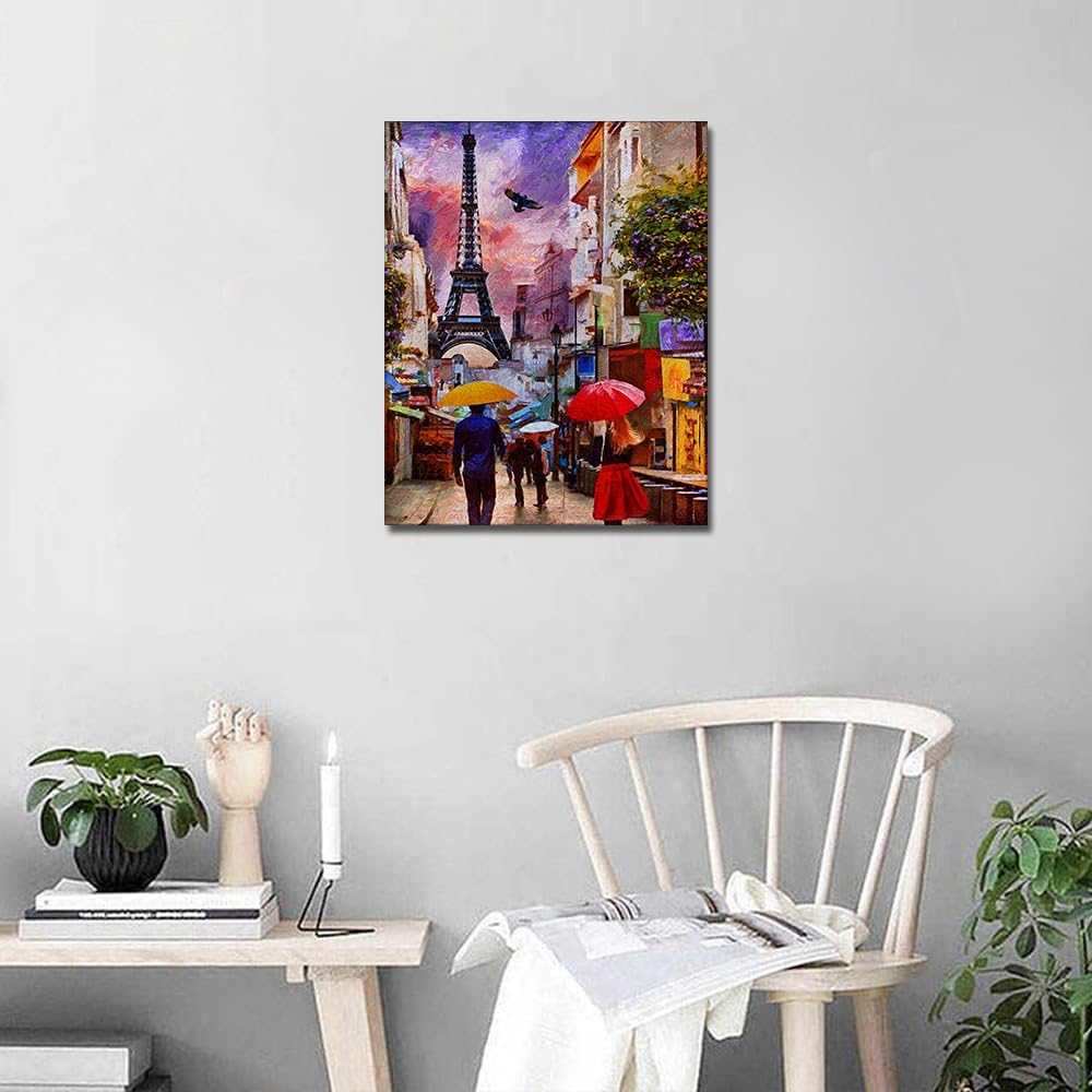 TUMOVO Pintura por número para adultos, Día lluvioso de París, kits de pintura por números, torre Eiffel, kits de pintura por números para adultos,