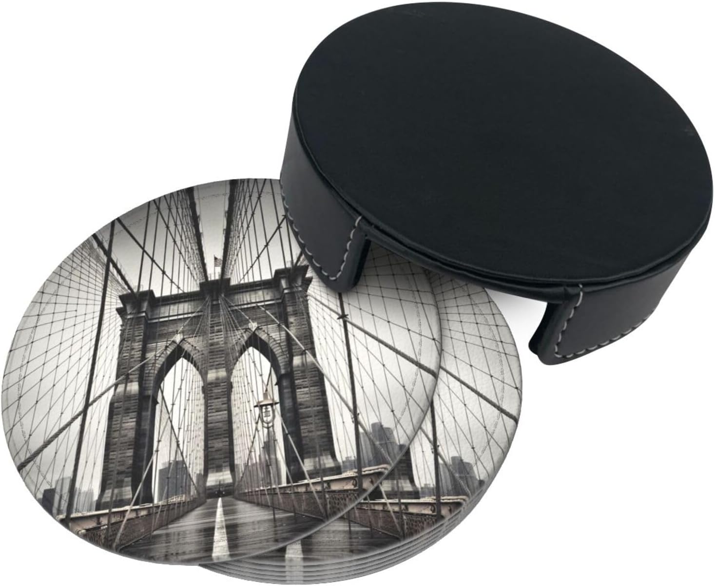 Brooklyn Bridge – Juego de 6 posavasos redondos de cuero para taza de café, café, hogar, bar, oficina, juego de 6