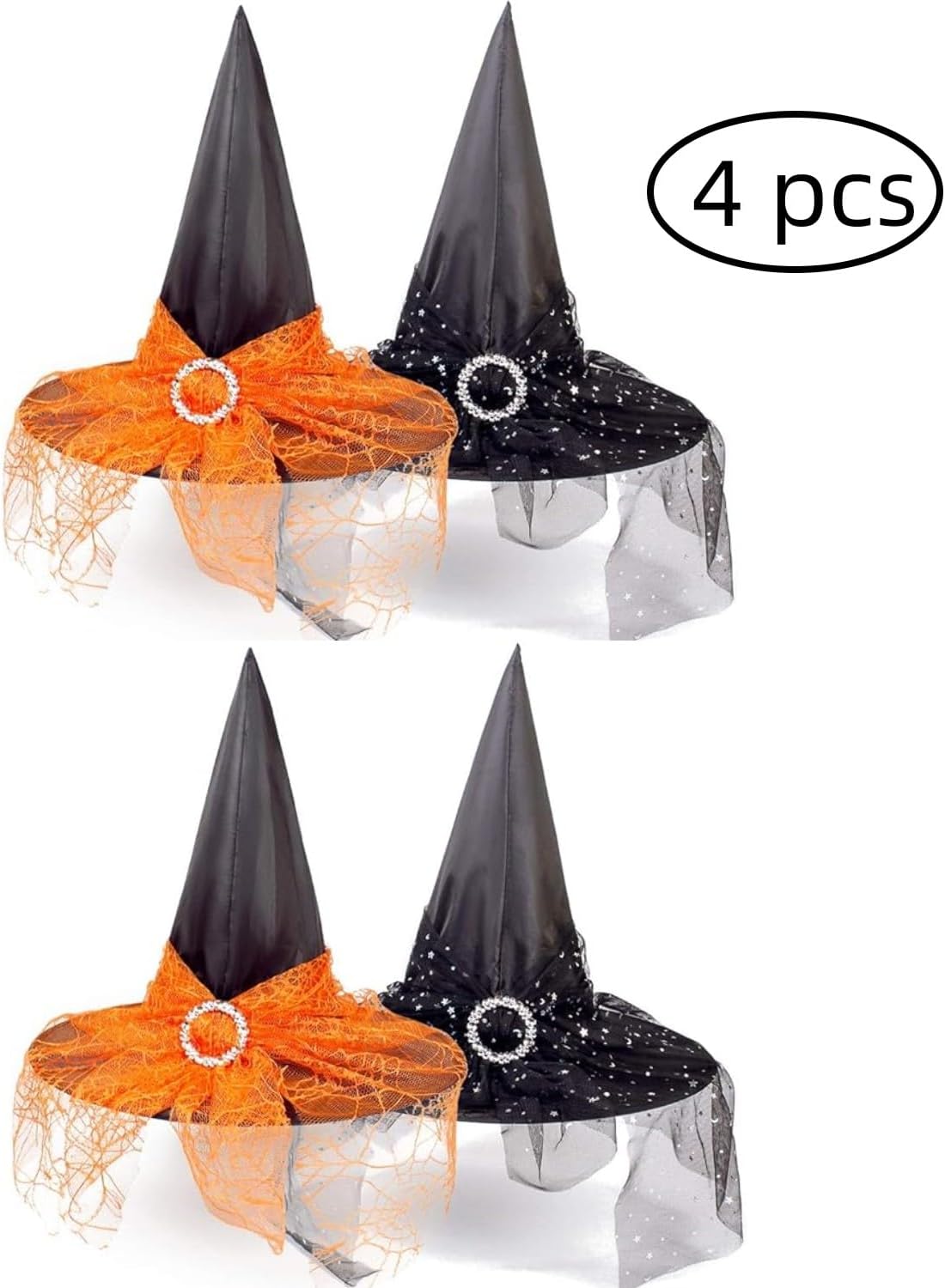 Giga Gud 4 sombreros de bruja de Halloween, sombrero de bruja vintage, velos de encaje transparente, sombreros impresos, suministros de fiesta,