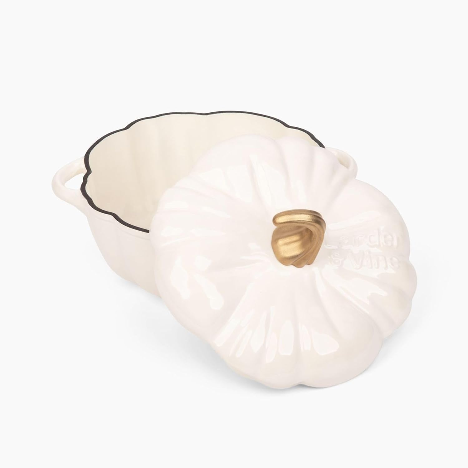 Larder & Vine Horno holandés de hierro fundido esmaltado  Cacerola de calabaza blanca con tapa (3.9 cuartos de galón3.7L)