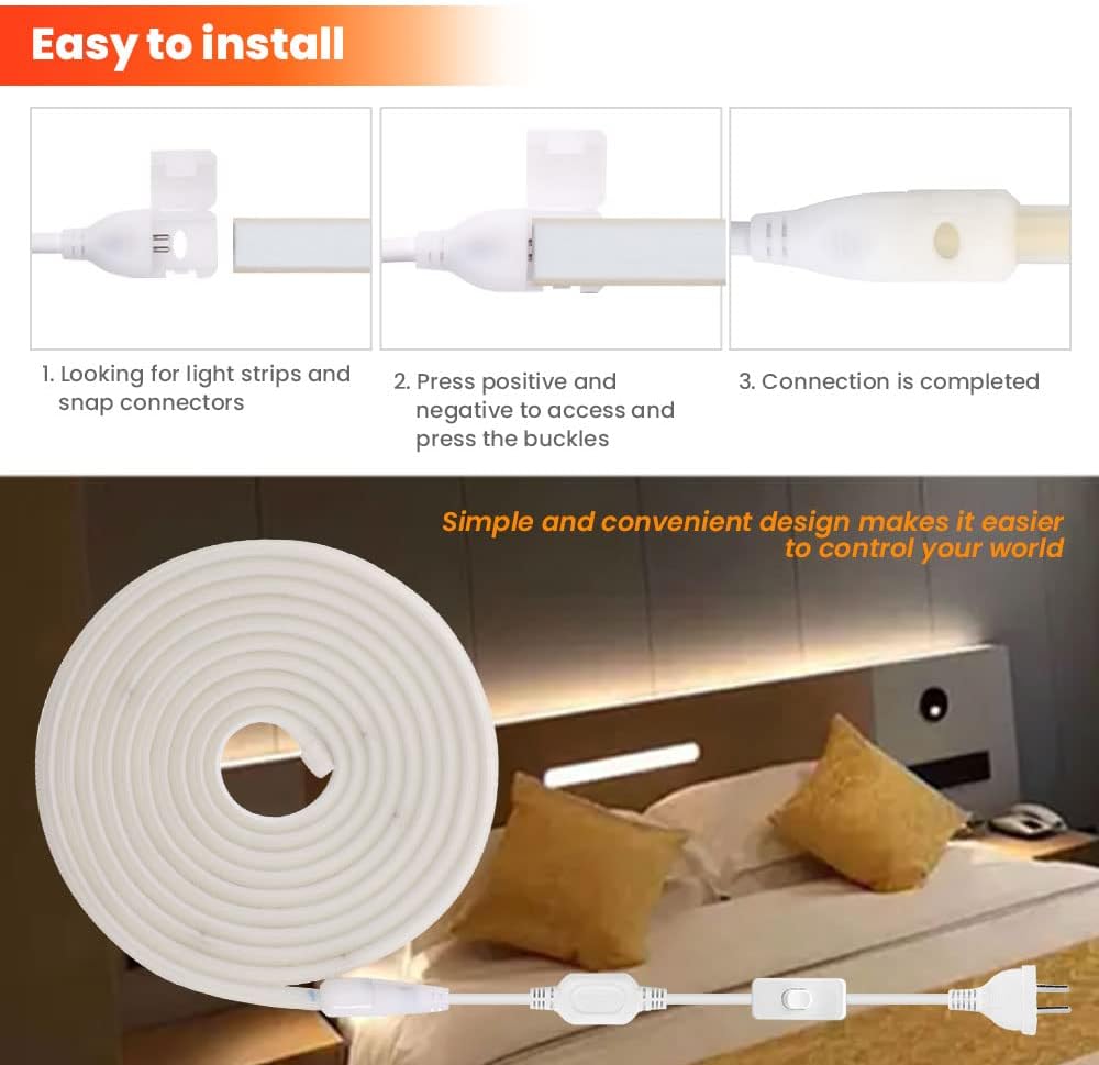 XUNATA COB – Tira de luces LED de neón de 16.4 pies, 110 V 288 LEDsm, tira de luces LED FCOB impermeable, flexible, súper brillante, tira de neón de