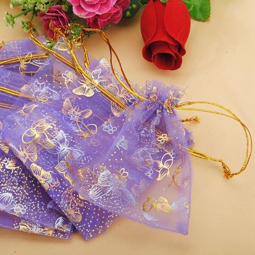 100 bolsas de organza con cordón de mariposa púrpura para pestañas, bolsas de regalo de fiesta, boda, 3.8 x 4.7 pulgadas