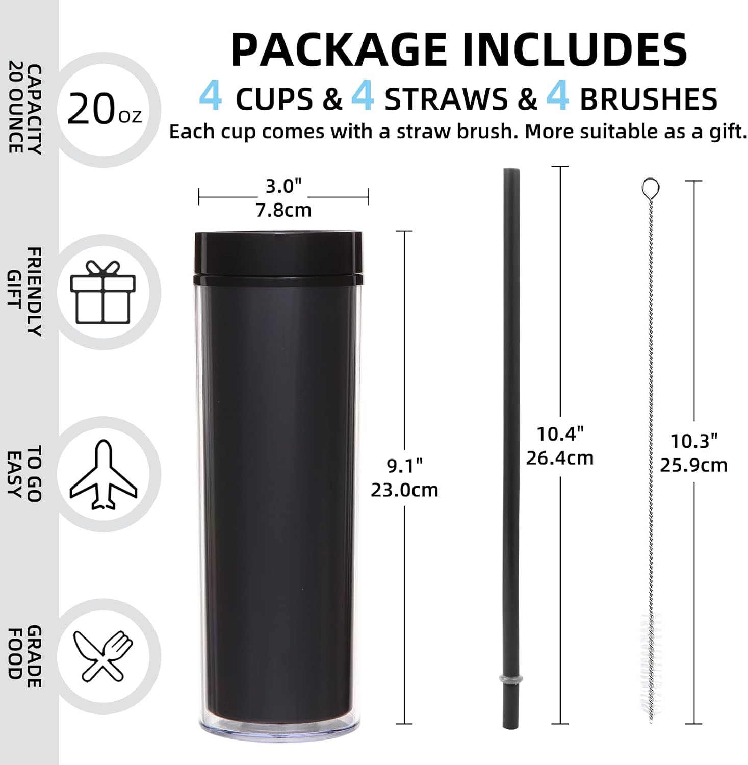 Volhoply Vasos delgados de plástico de 20 onzas, paquete de 4 unidades, vaso transparente de doble pared con tapa y pajita, taza reutilizable para