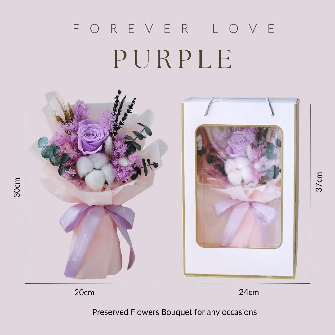 Forever Love Purple – Ramo de flores preservadas, rosas y flores naturales de larga duración, caja de regalo para el día de San Valentín, día de la