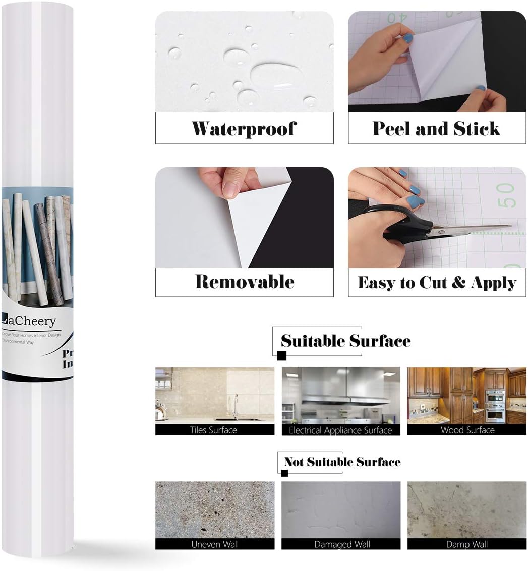 LaCheery Papel tapiz blanco brillante de 15.8 x 394 pulgadas, para pegar y despegar, papel de contacto para gabinete de cocina, papel de vinilo