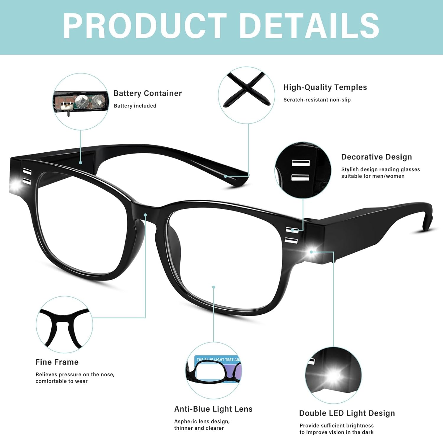 Gafas de lectura con luces LED brillantes, lupas con luces con bloqueo de luz azul, anteojos de aumento LED, lentes de lectura nocturnos, lentes de