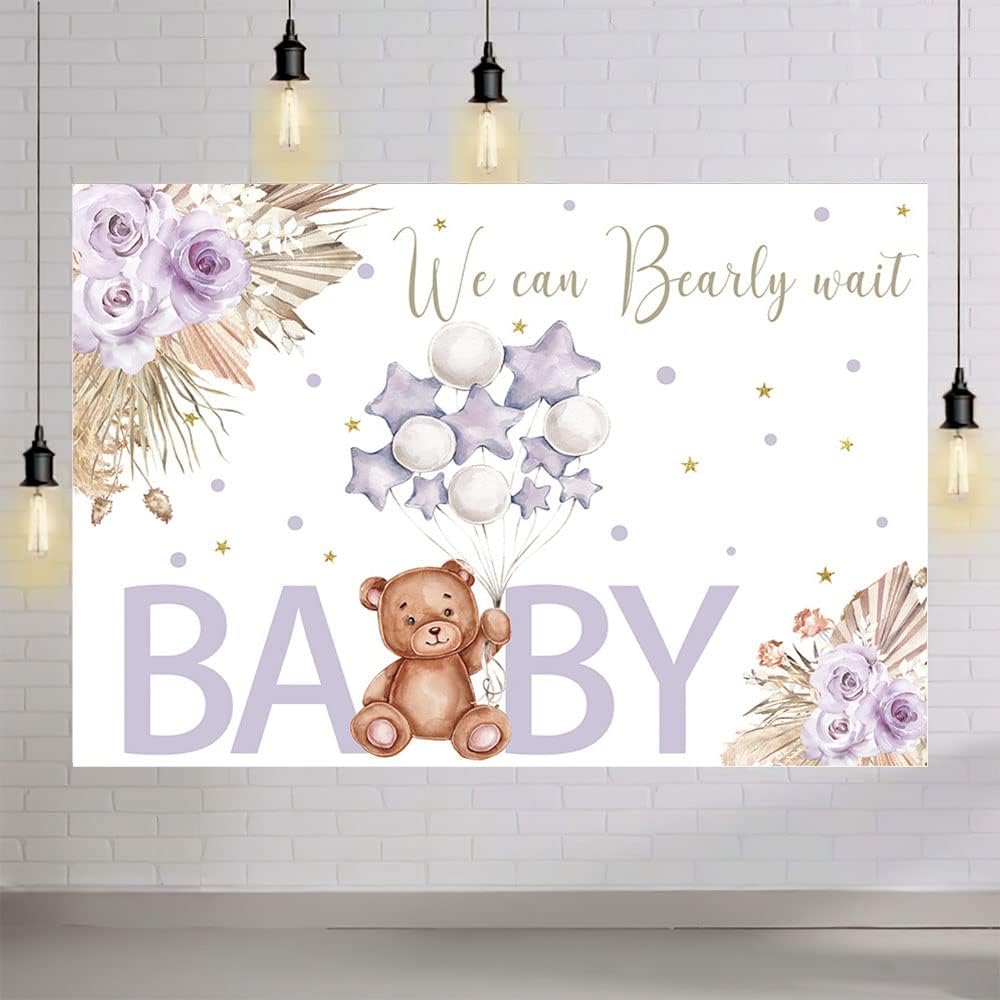 Telón de fondo de baby shower de oso bohemio de 7 x 5 pies para niña, color morado rubor, fondo floral bohemio para fotografía con texto en inglés