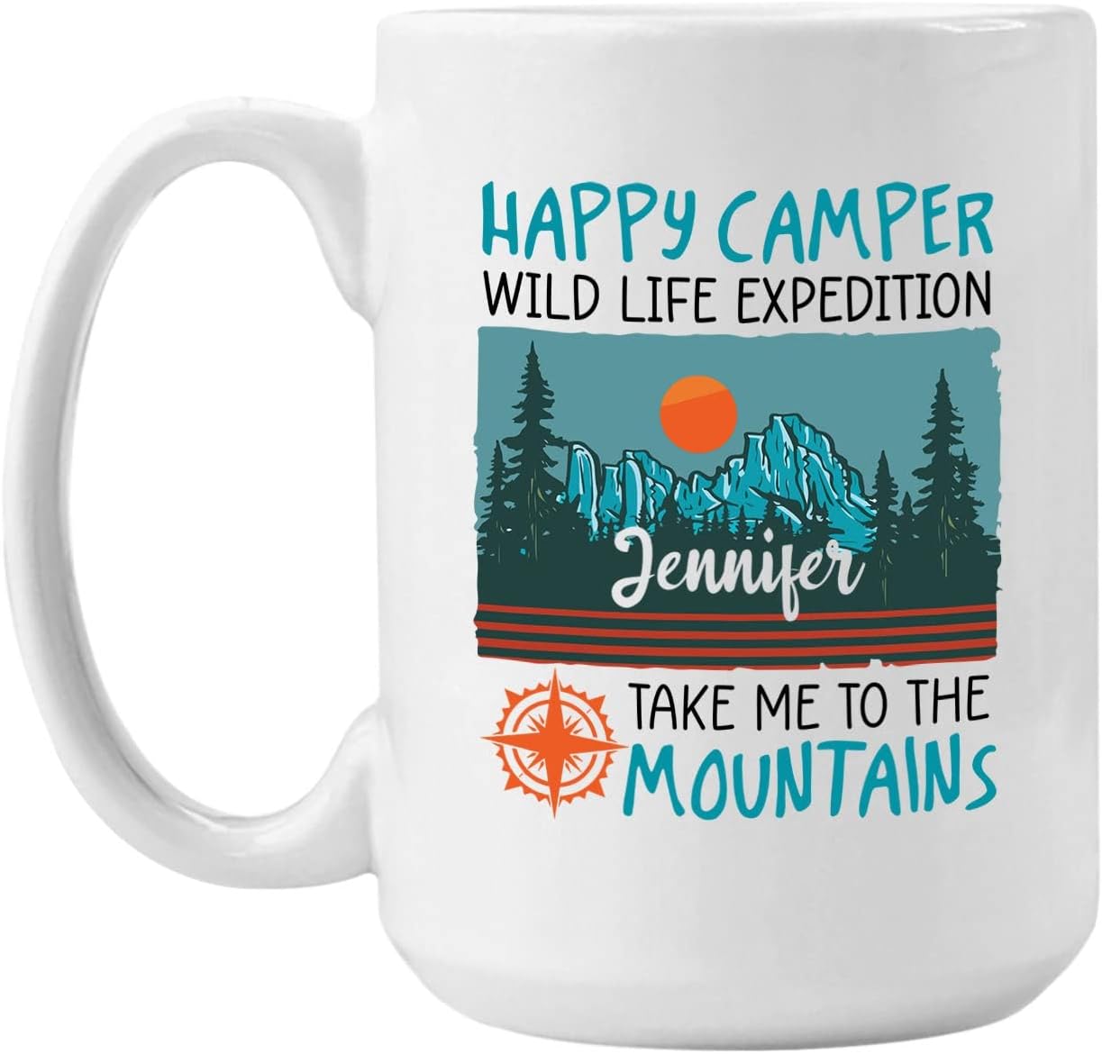 Taza de café con texto en inglés Happy Camper Wild Life Expedition Take Me To The Mountains, taza de campamento, regalos de campamento