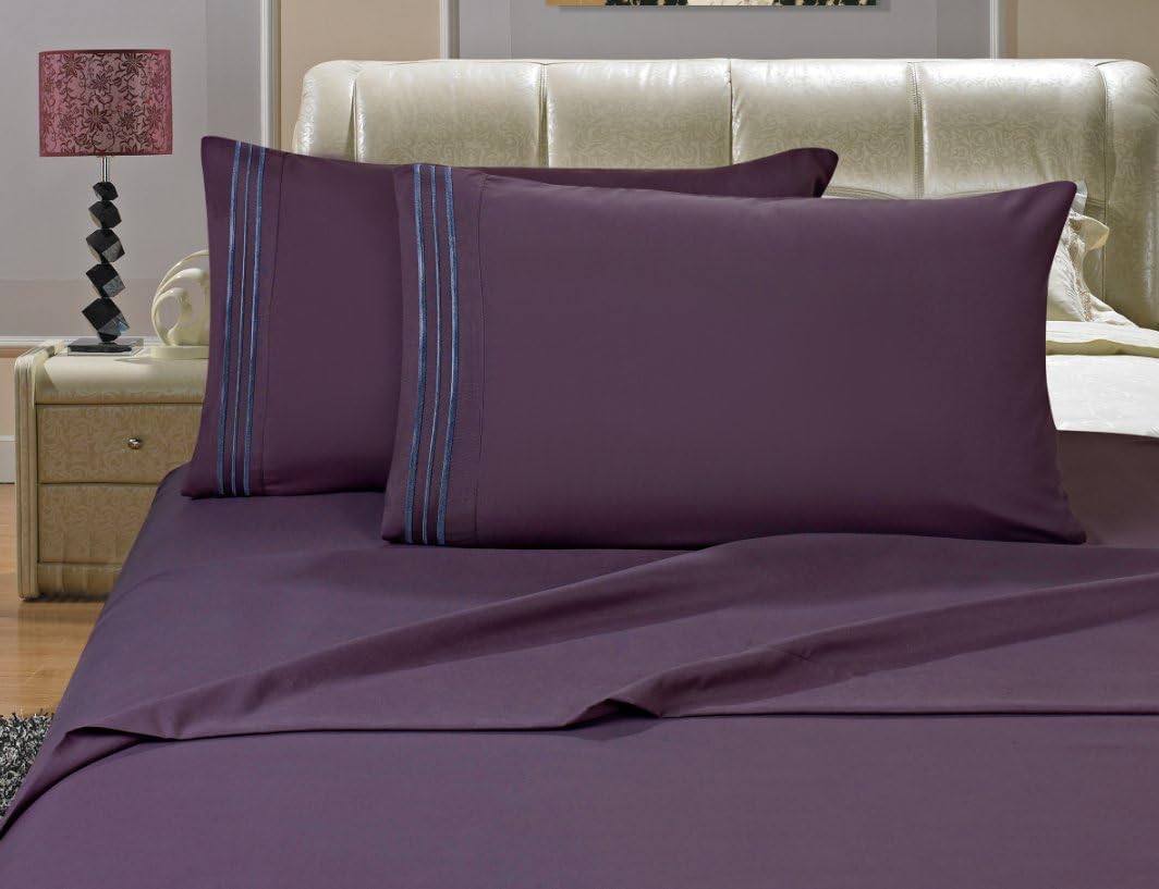 Elegance Linen Wrinkle-Free- 1500 Thread Count California King Size Luxury Silky Soft Weave 4pcs Sheet Set Deep Pocket Up to 16″ – Purple