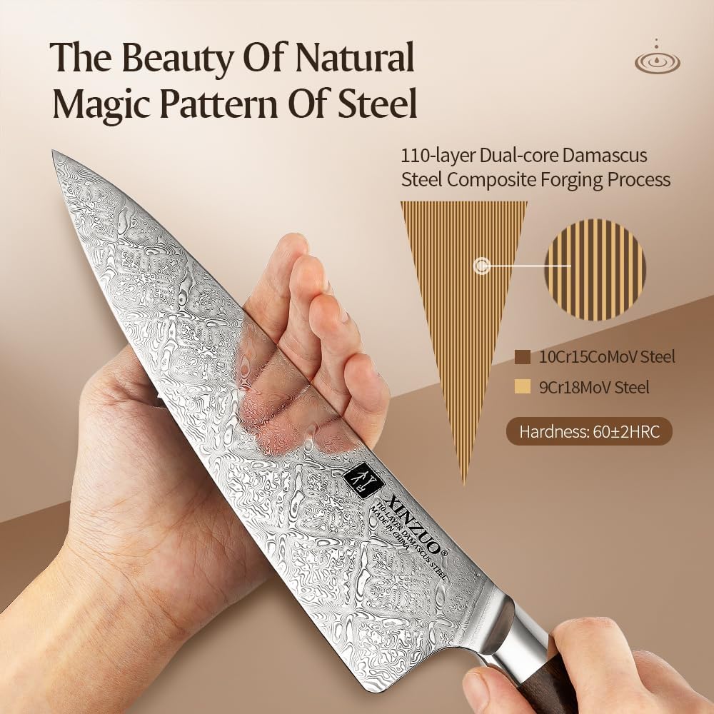 XINZUO Cuchillo de chef de acero de Damasco de 8.3 pulgadas, 110 capas, cuchillo de cocina profesional forjado a mano, espiga completa, cuchillo