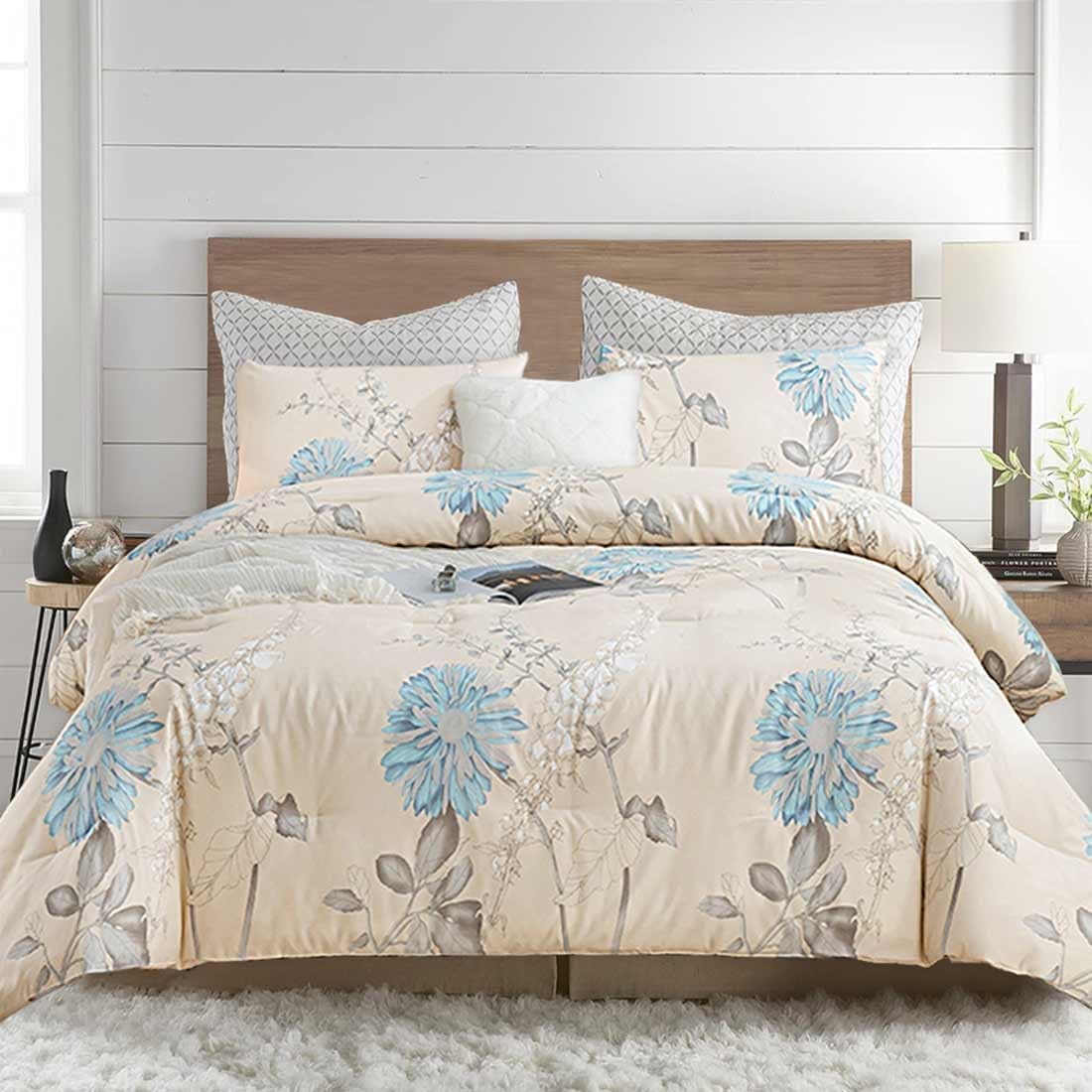 ETDIFFE Juego de edredón beige tamaño Queen, 3 piezas de ramas marrones y flores azules, juego de ropa de cama con estampado floral blanco roto,