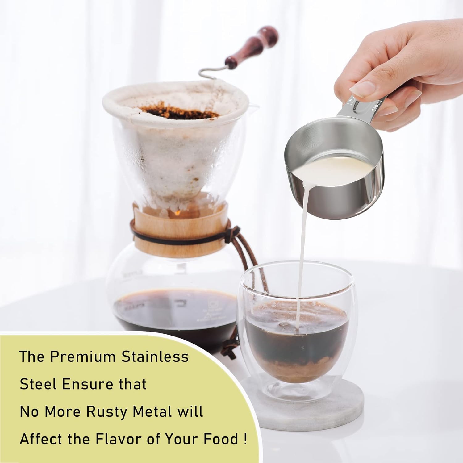 BERYLER Paquete de 2 vasos medidores, 1 taza (8.1 fl oz, 240 cc, 8 onzas), tazas medidoras de acero inoxidable, taza medidora de metal, utensilios