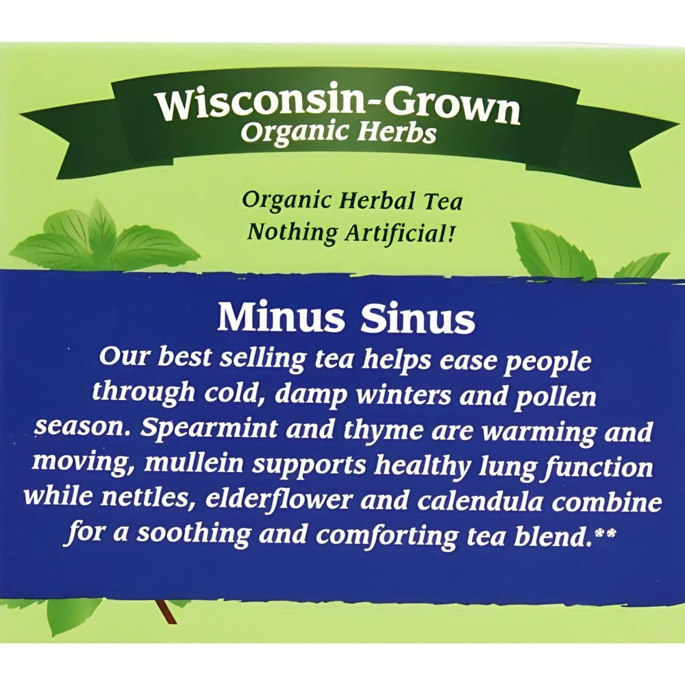 Four Elements 4E Minus Sinus Tea – Té de hierbas orgánicas, mezclado deliciosamente con menta verde, gordolobo y tomillo -16 bolsitas de té, 1.2 oz