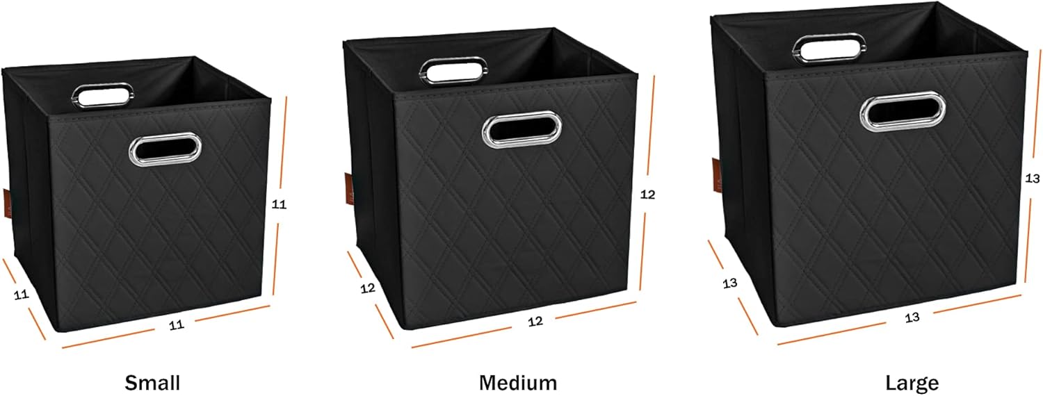 Juego de cuatro cubos de almacenamiento plegables de piel sintética con patrón de diamante negro de 11 pulgadas con asas dobles para sala de estar,