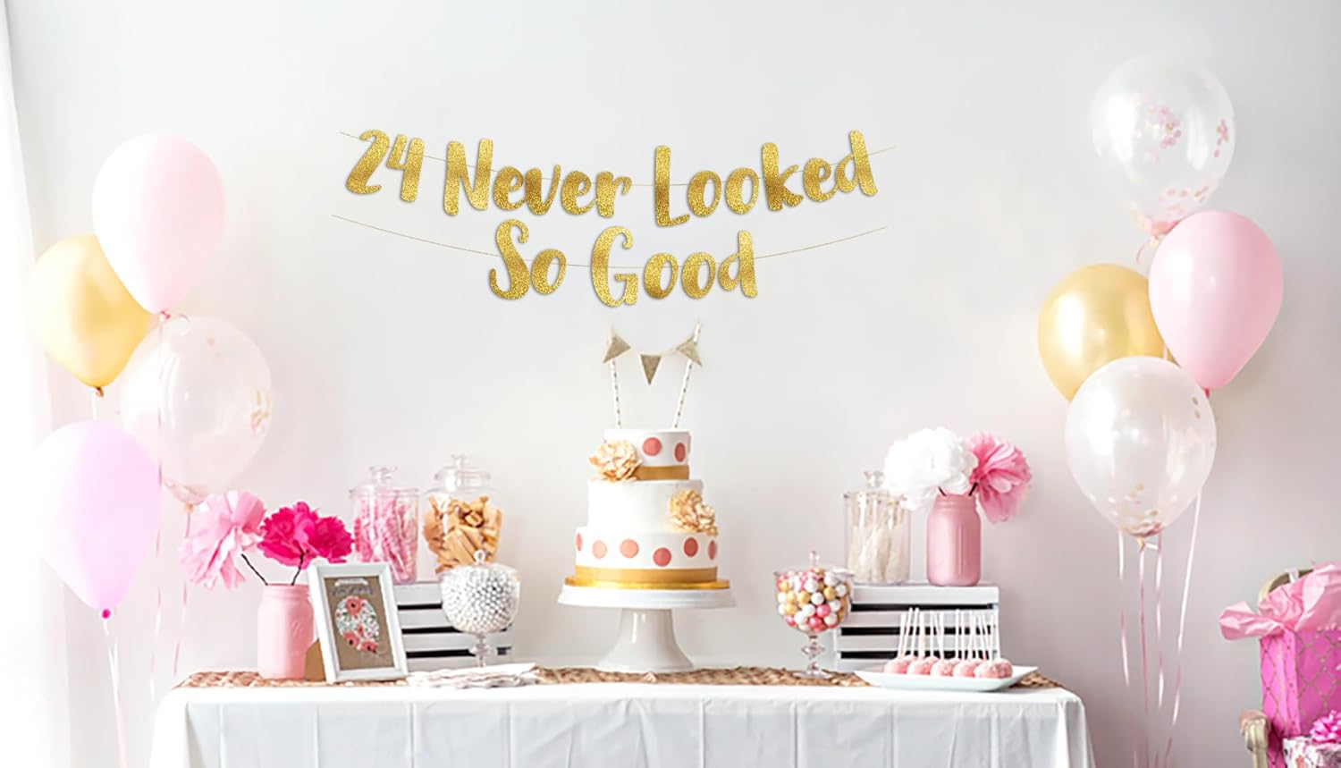 Cartel dorado con purpurina de 24 “Never Looked So Good” – Decoraciones de fiesta de cumpleaños 24 y aniversario