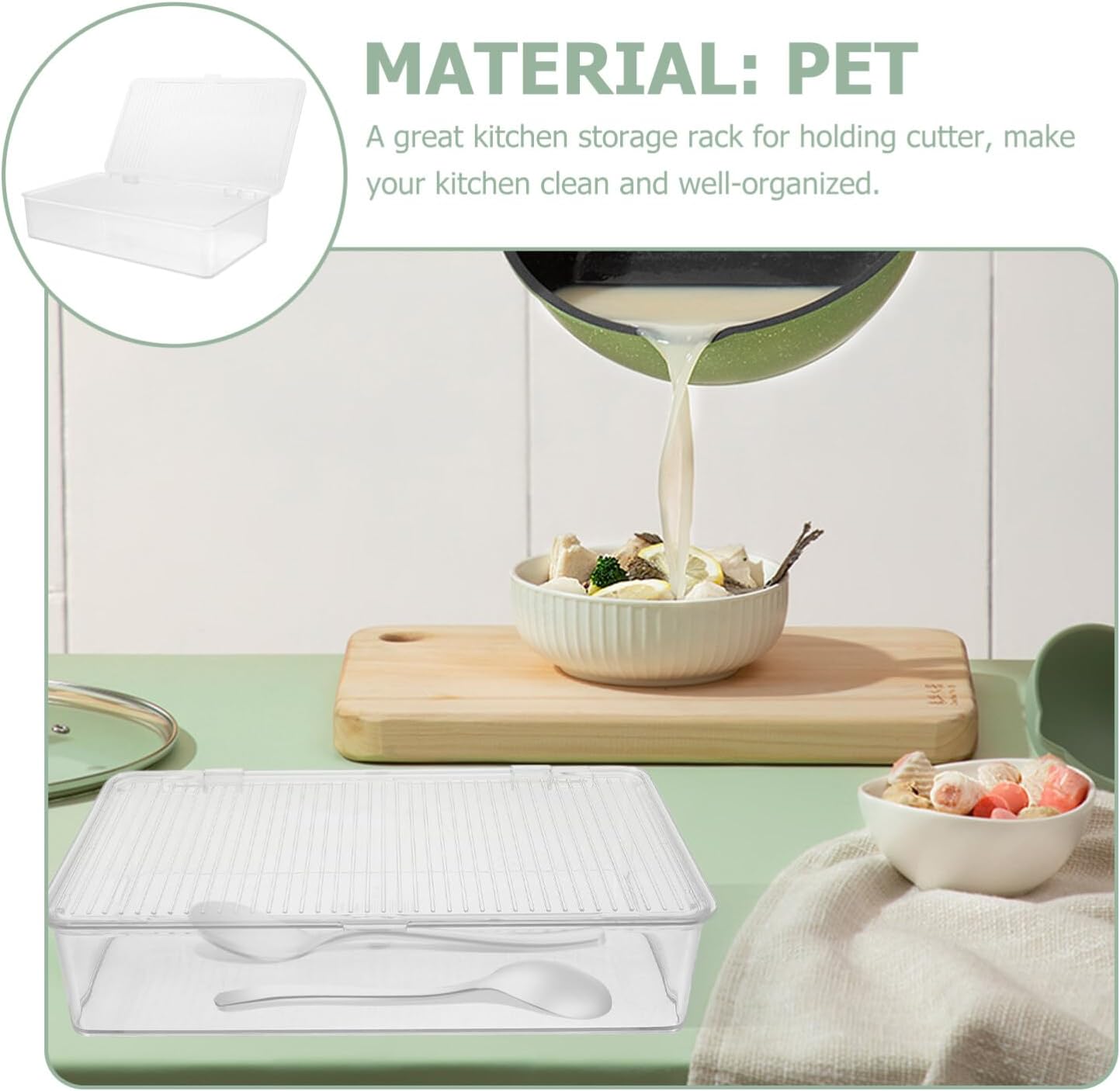 HOMSFOU Bandeja de plástico para cubiertos de cocina, organizador de cajones de utensilios con tapa, contenedor de almacenamiento para encimera con