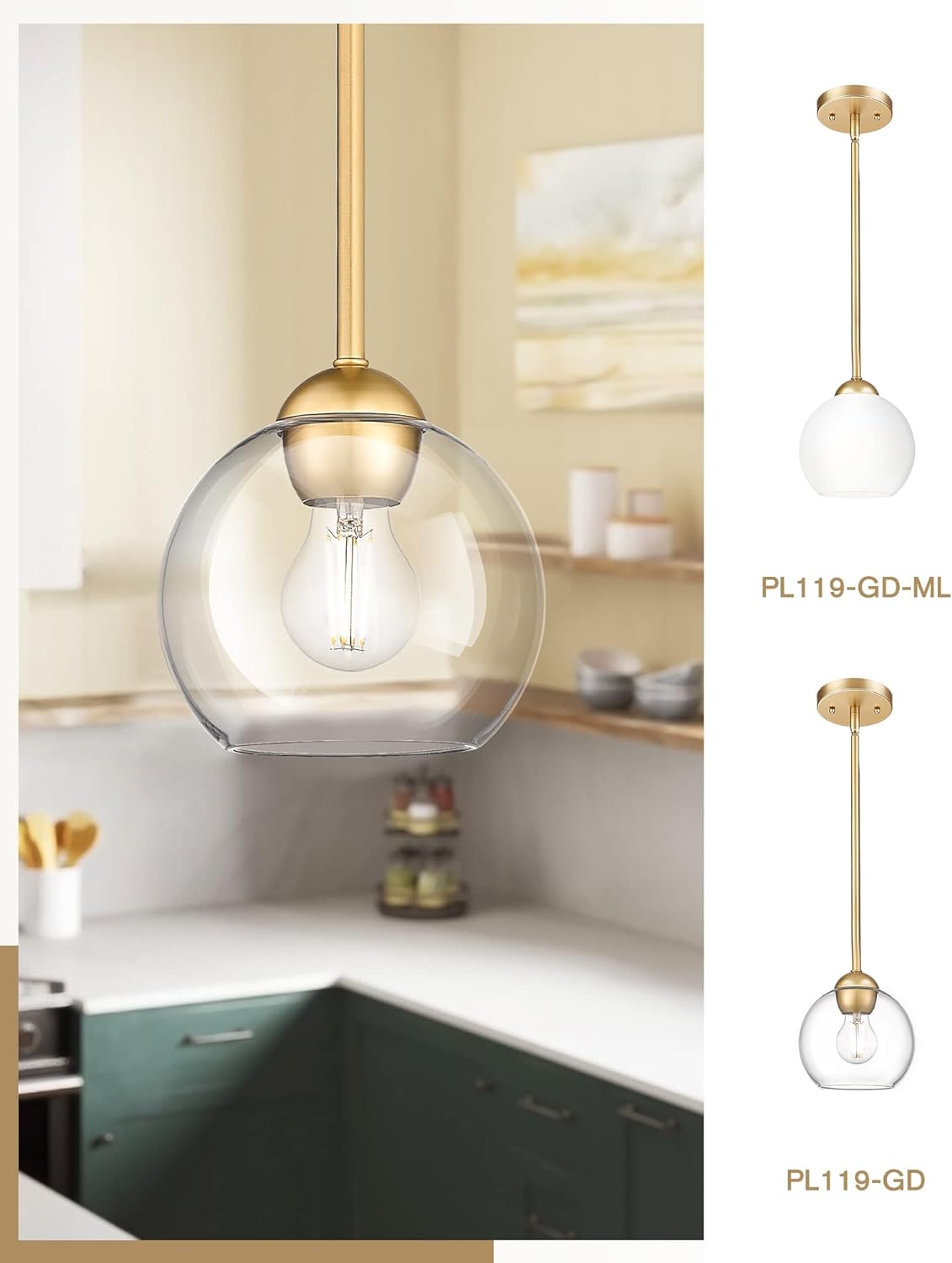 Emak Modernas lámparas colgantes doradas, luces colgantes de globo de 7 pulgadas con vidrio transparente, 1 luz colgante para isla de cocina, baño,
