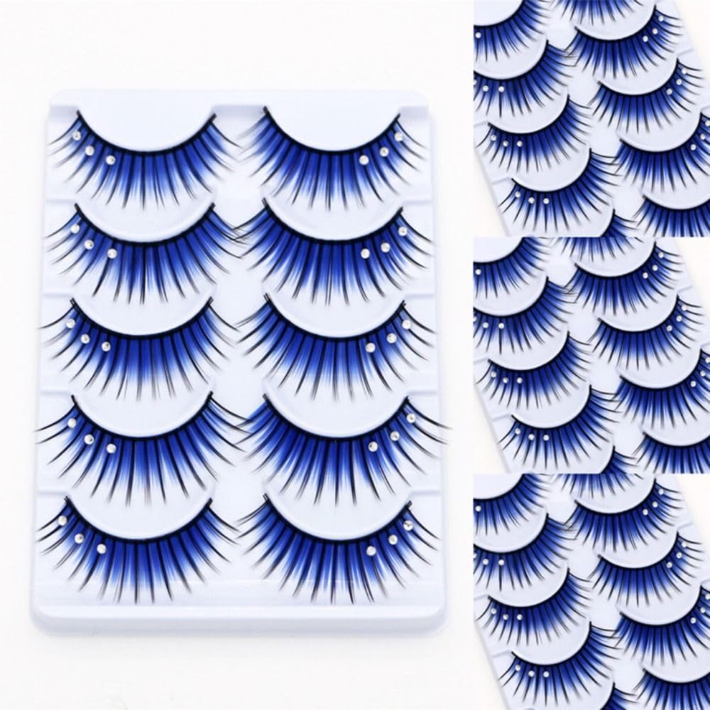 Okdeals 5 pares de pestañas con purpurina 3D de color azul esponjoso para cosplay con diamantes de imitación, pestañas de manga dramáticas azules de