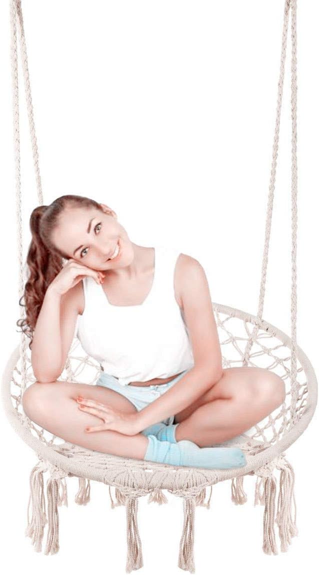 Silla hamaca de macramé, silla colgante de malla, columpio de cuerda de algodón duradero para dormitorio, patio, jardín, terraza, patio, capacidad