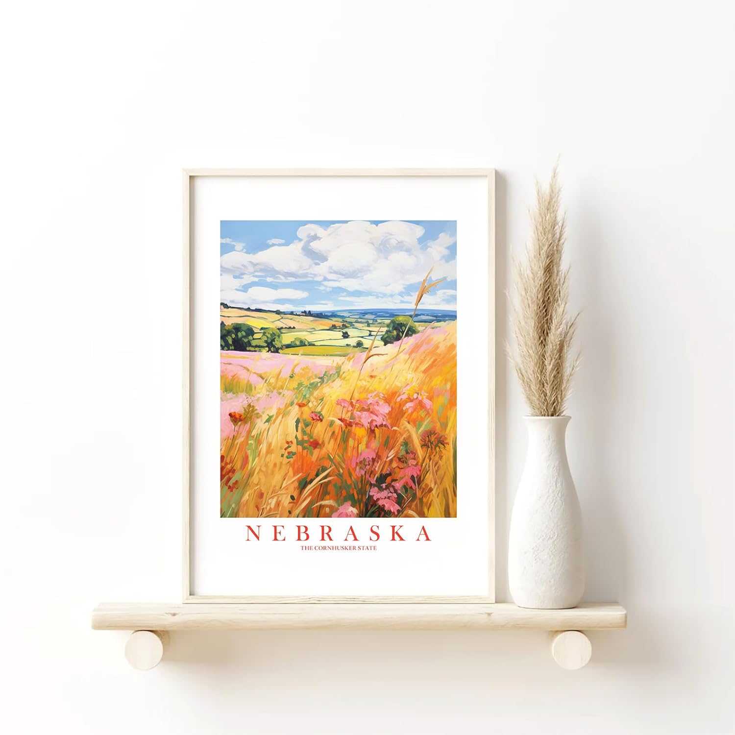 Nebraska Travel Print Cornhusker State Souvenir Yellow Orange Pink Wall Art Retro Poster Scenic Landscape Painting (8×10 inches)