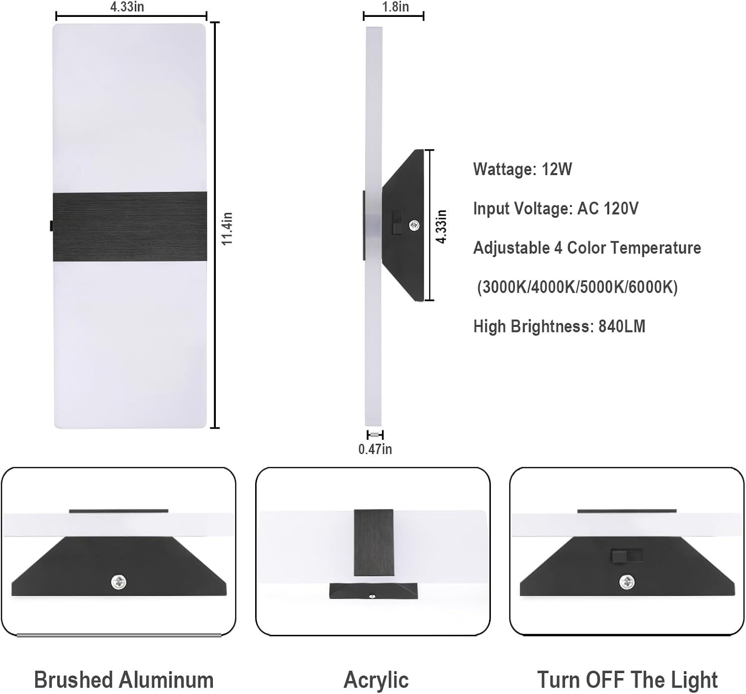 TRLIFE Apliques de pared LED regulables, apliques de pared modernos de 4 colores de temperatura de 12 W, juego de 2 luces de pared regulables para