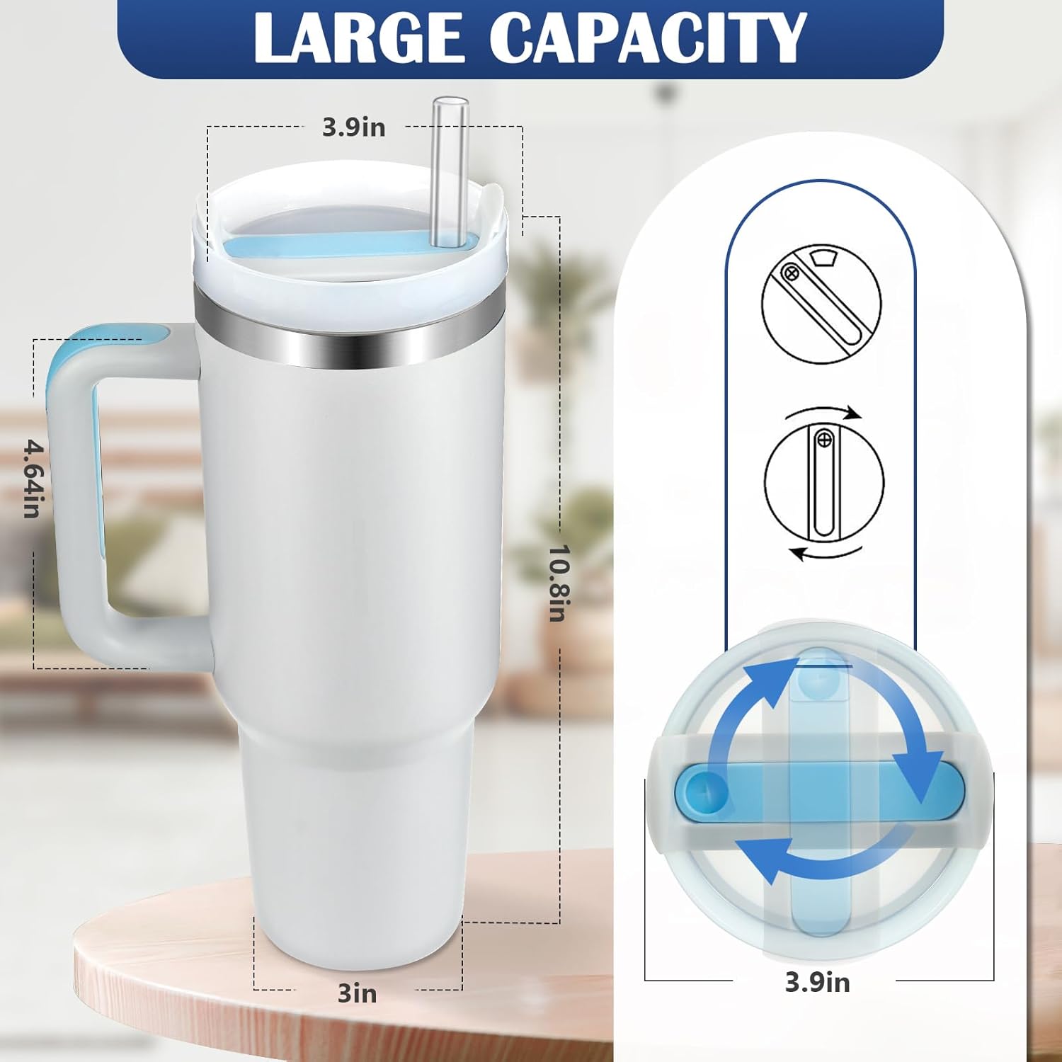 BELYQLY Vaso aislado al vacío de acero inoxidable de 40 onzas con tapa y popote para agua, batidos y más, té helado o café (niebla)