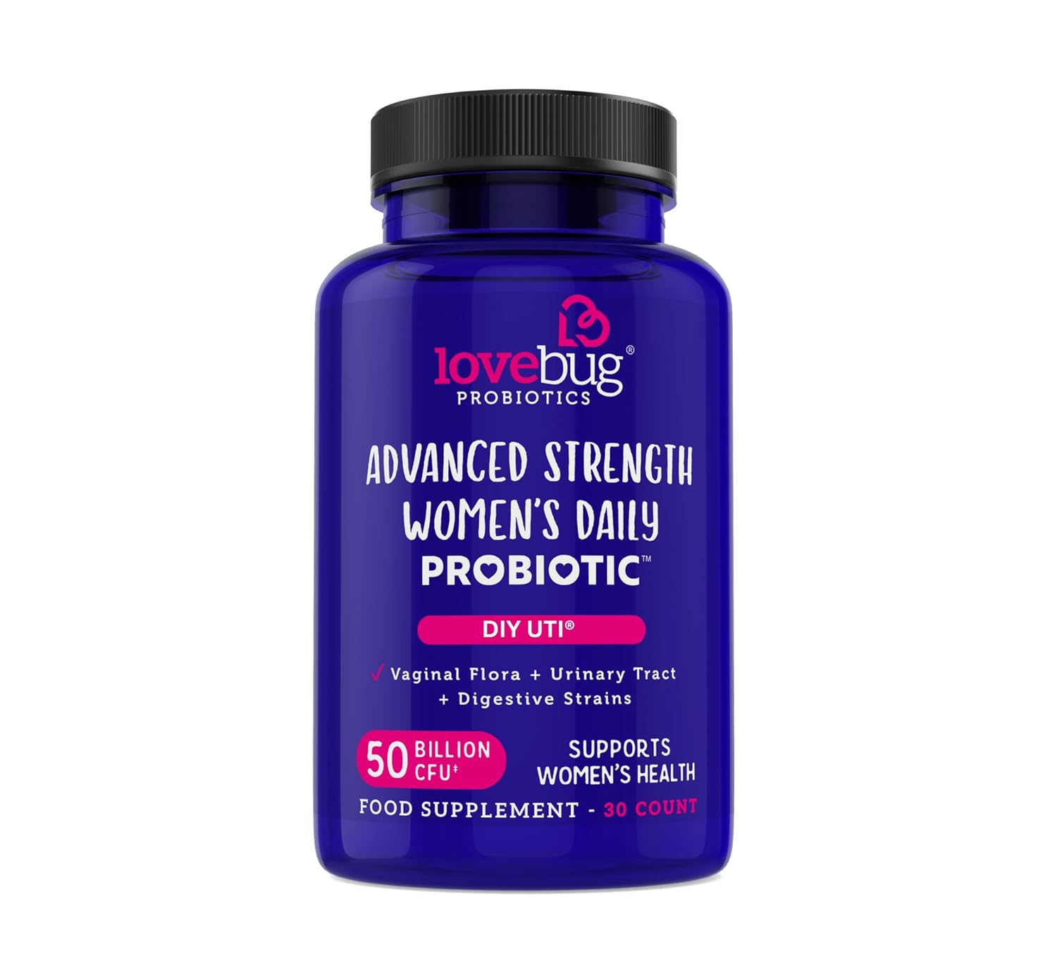 Levadura Lovebug + soporte de pH vaginal  Ingredientes clínicamente estudiados para levaduras e infecciones urinarias  Multi Strain 50 mil millones