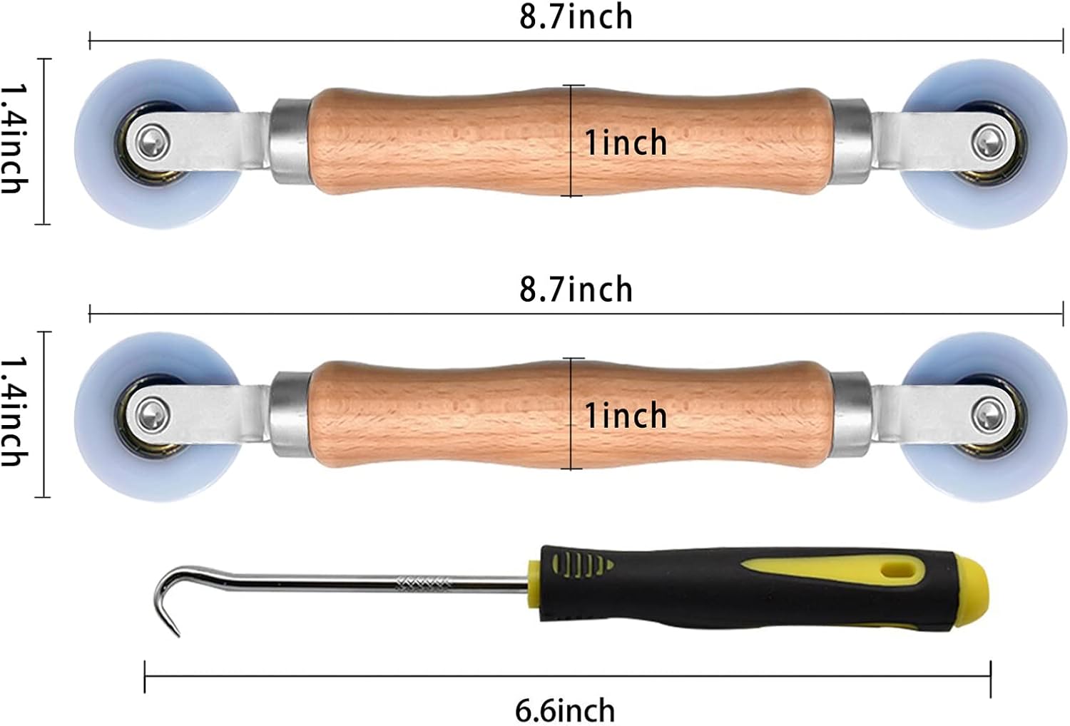 BAYTORY Herramienta de pantalla de 3 piezas, herramienta de rodillo estriado para ventana con mango de madera y ruedas de rodamiento de nailon, kit