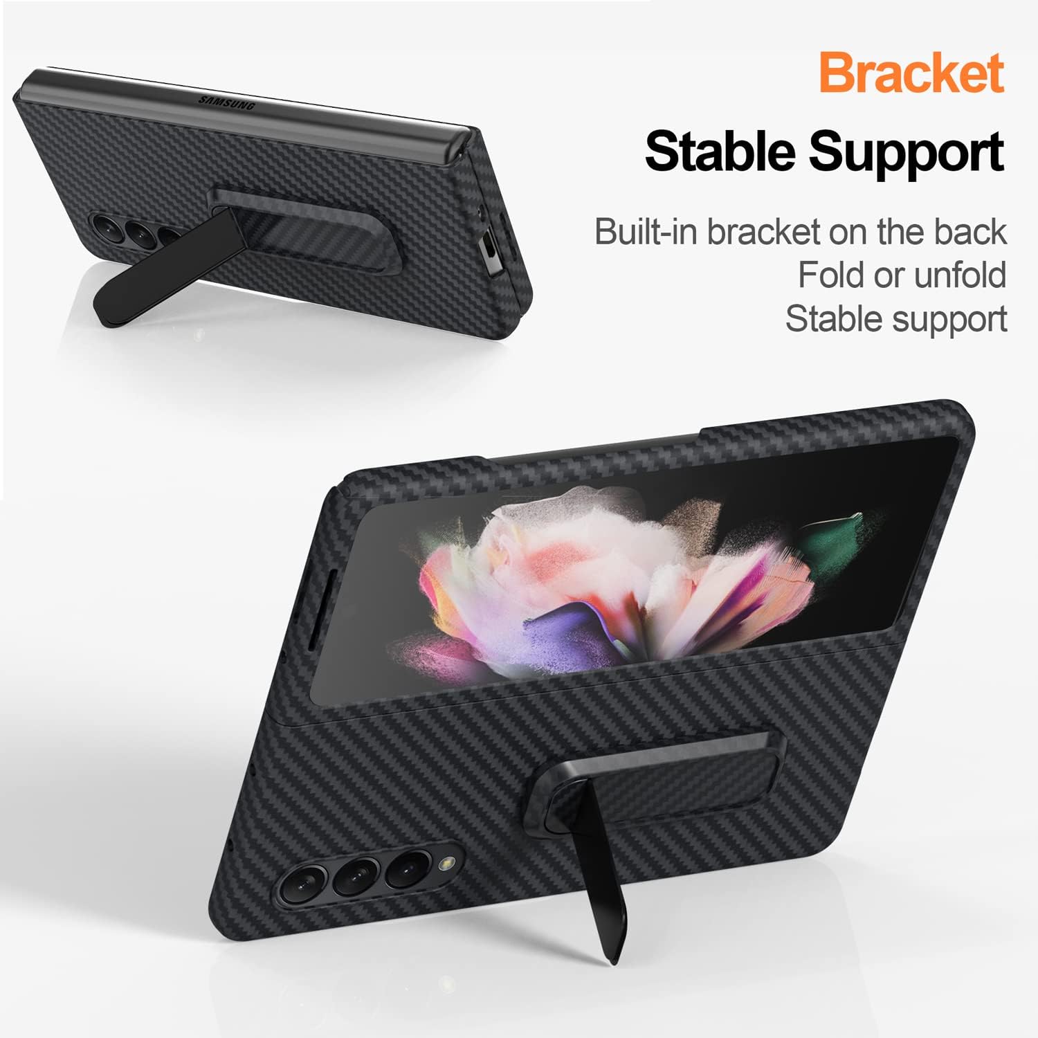 CENMASO – Funda con función atril para Galaxy Z Fold 3, compatible con carga inalámbrica Funda minimalista de fibra de aramida para Samsung Galaxy Z