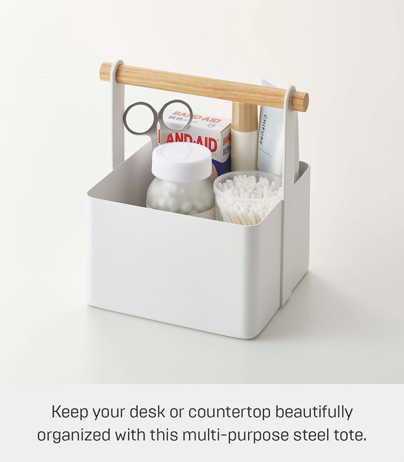 Yamazaki Home Cesta de almacenamiento organizador de mango de madera, blanco, acero + madera, pequeño, asas, no requiere montaje.