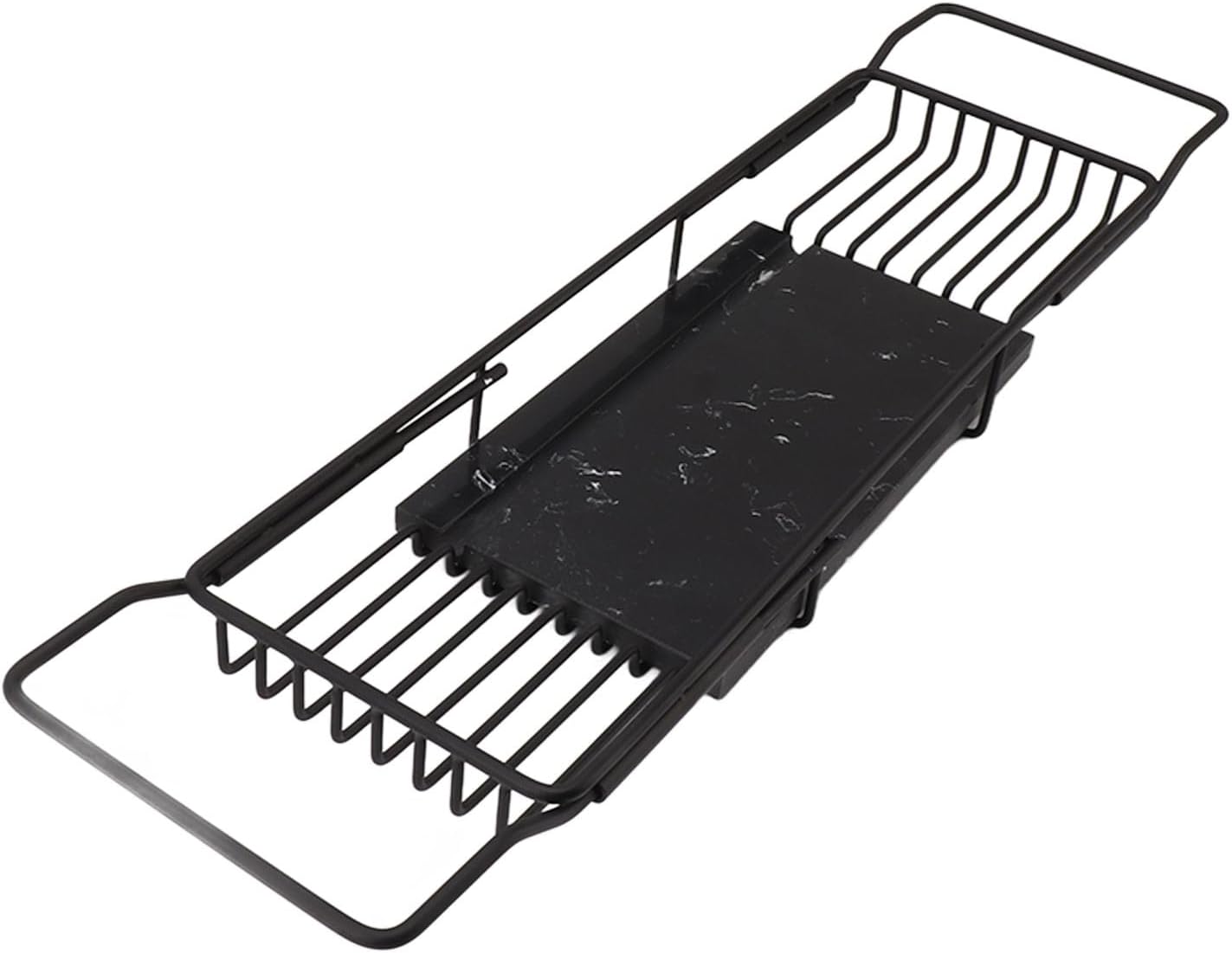 Estante de bañera de mármol con bandeja de bañera expandible antideslizante, ahorradora, multifuncional para regalo de calentamiento (negro)
