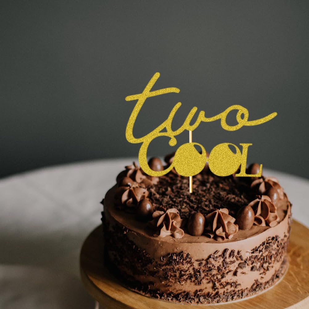Decoración para tartas de 2 cumpleaños, divertidas decoraciones de fiesta de segundo cumpleaños para niños y niñas, purpurina dorada