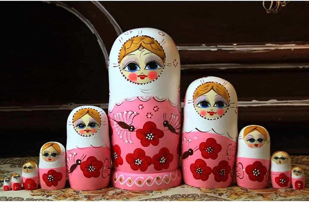 OLOTU Juego de 10 muñecas rusas de anidación con flores rojas con mariposa hechas a mano de madera apilables, juego de juguetes coleccionables