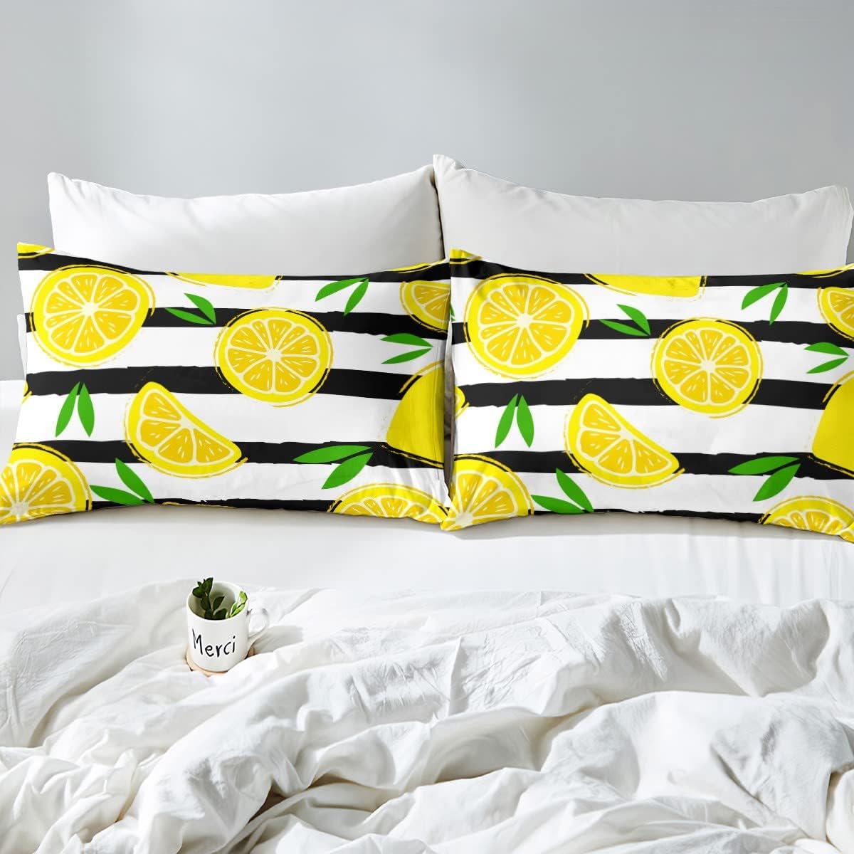 Erosebridal Juego de edredón de limón, juego de ropa de cama de frutas de verano para niños y niñas, edredón geométrico a rayas negras y blancas,