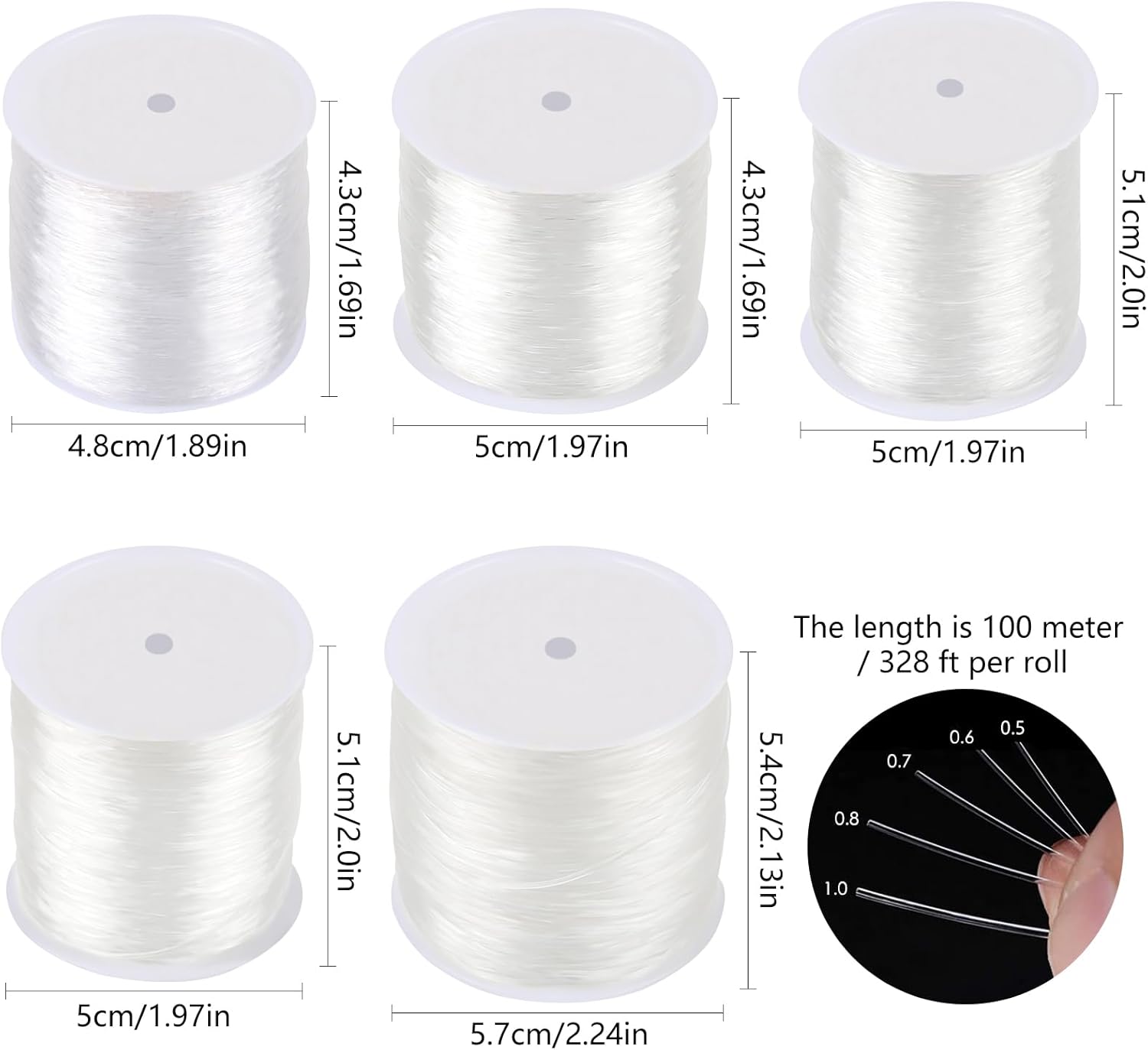 Paquete de 5 cuerdas elásticas de varios tamaños, cuerda elástica de cristal para pulseras, cuentas y fabricación de joyas, 0.020 in, 0.024 in,