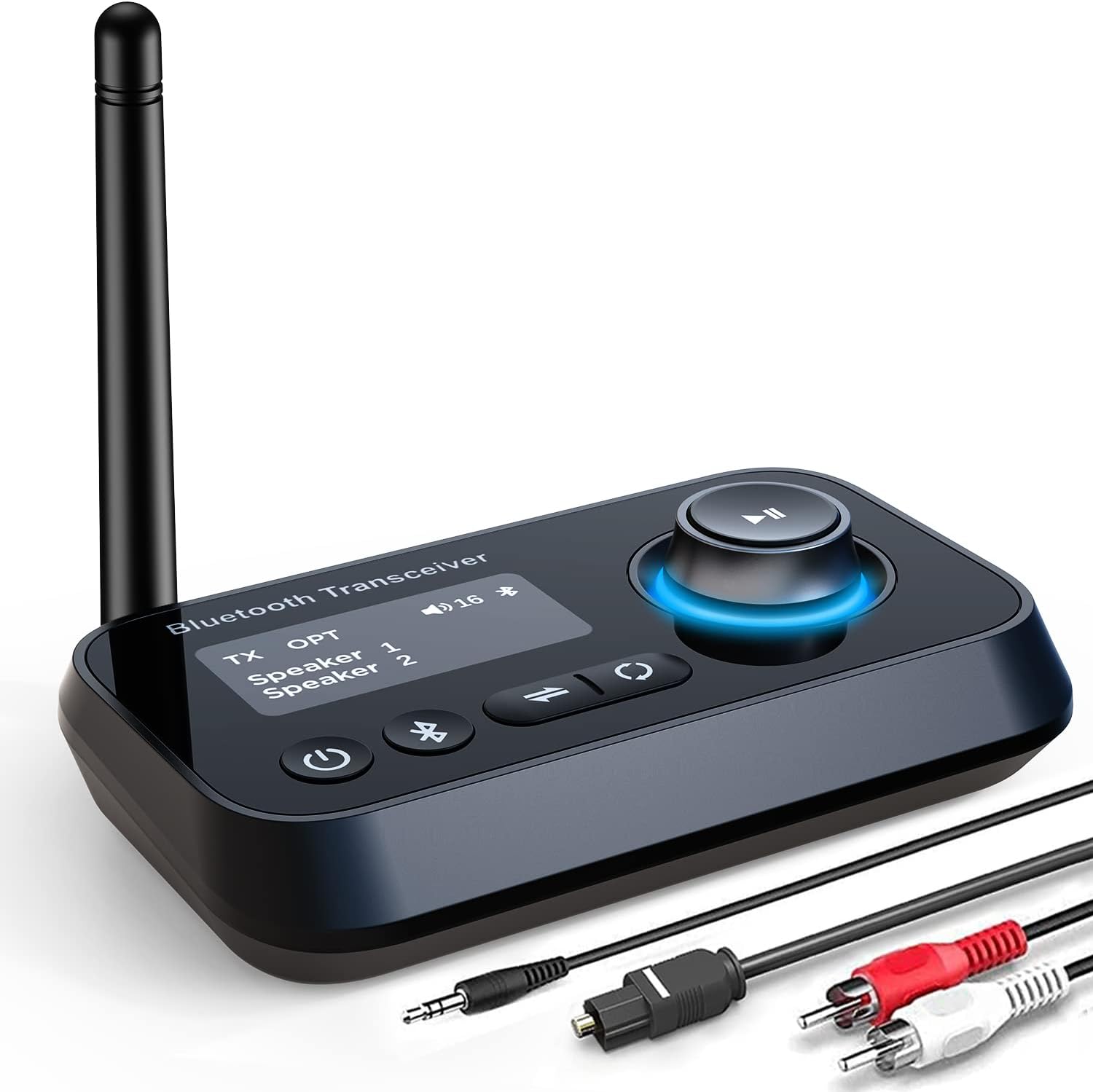 Receptor transmisor Bluetooth 5.0, adaptador de audio 3 en 1 para 2 auriculares con pantalla LCD de baja latencia y largo alcance ajustable, bypass