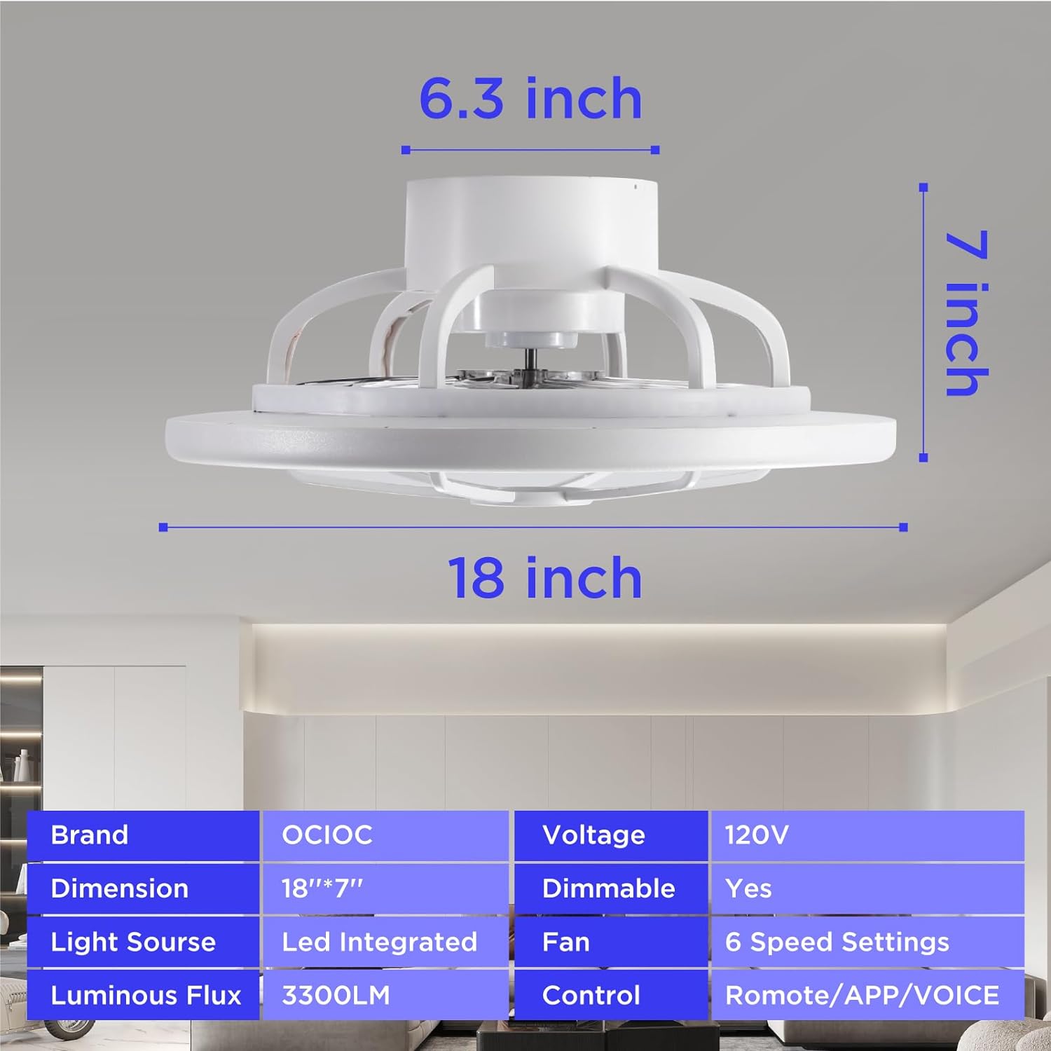 ocioc Ventiladores de techo de perfil bajo con luces, ventiladores de techo inteligentes de 18 pulgadas con AlexaGoogle AssistantApp Control que
