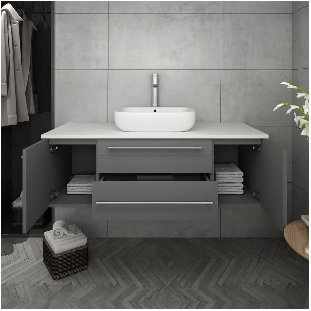 Fresca Lucera – Armario de baño moderno para colgar en la pared blanca de 48 pulgadas con parte superior y fregadero