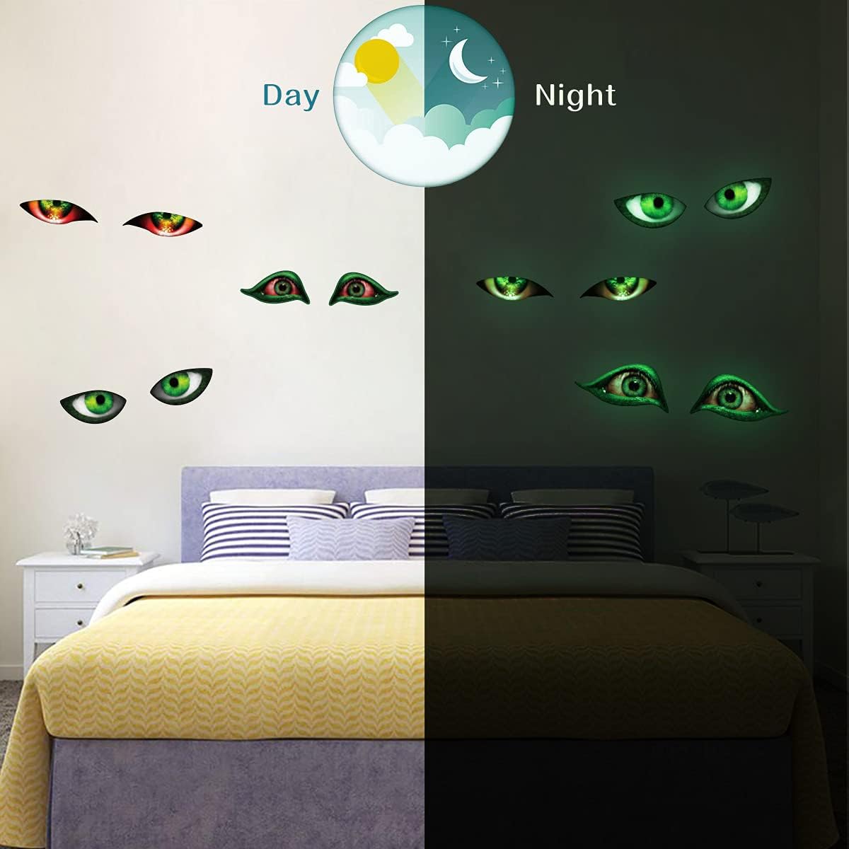 MESU Calcomanías de pared de Halloween que brillan en la oscuridad, calcomanías luminosas de mal de ojo, decoración de techo para habitación de