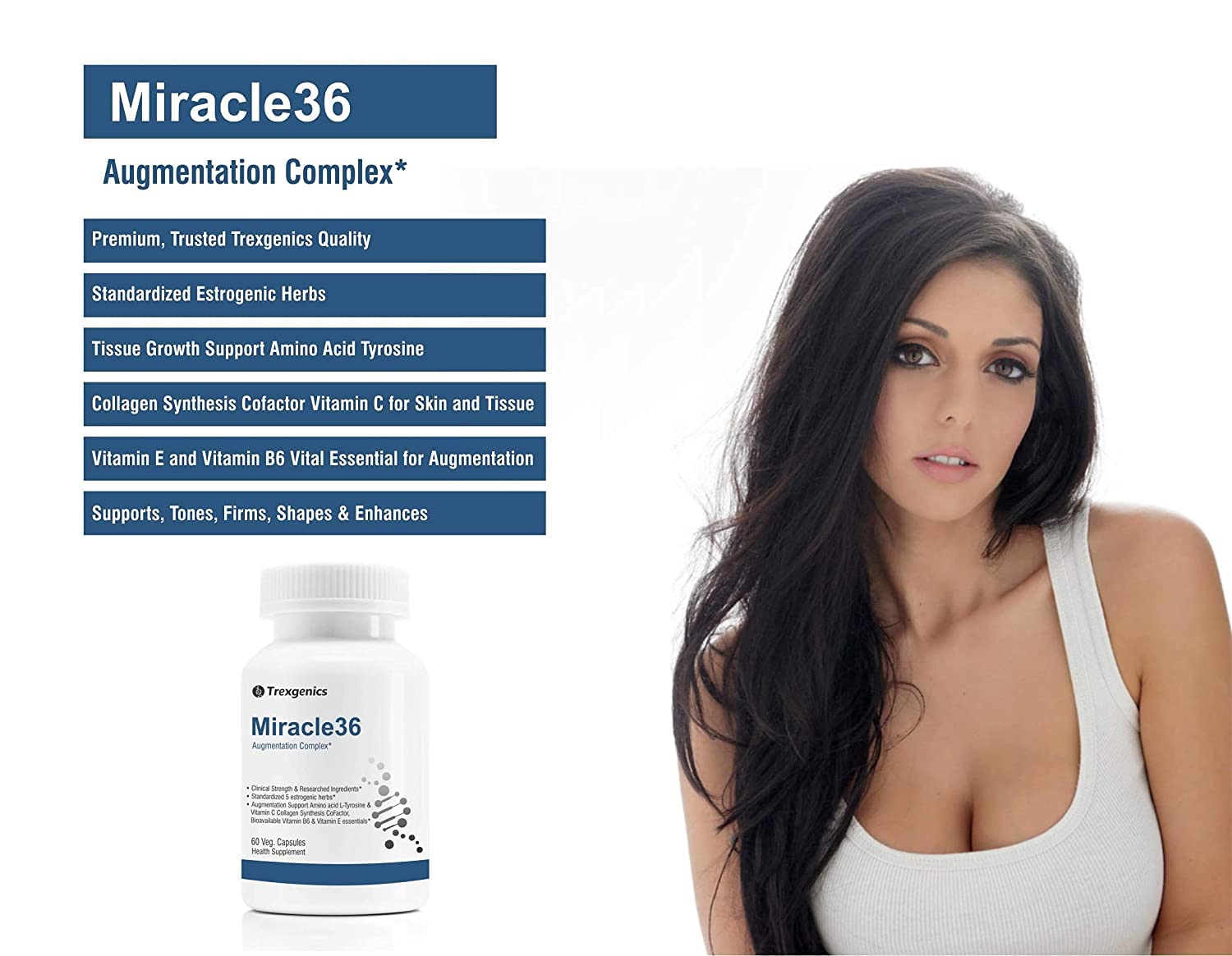 A.K. Trexgenics MIRACLE36 Complejo de aumento avanzado de 750 mg con 5 hierbas estrogénicas estandarizadas + aminoácidos tirosina y vitamina